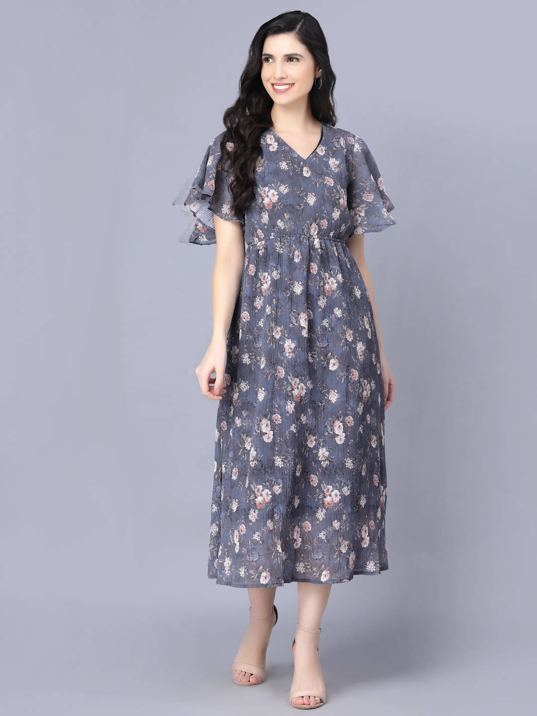 Myshka Women Grey Floral Midi Dress