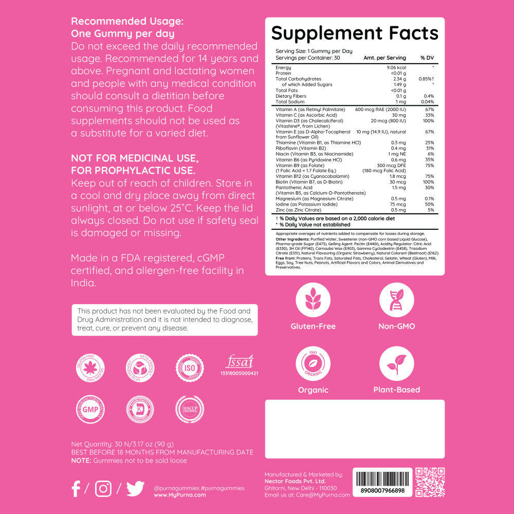 Purna Gummies Multivitamin Strawberry Gummies with Vitamins & Minerals 