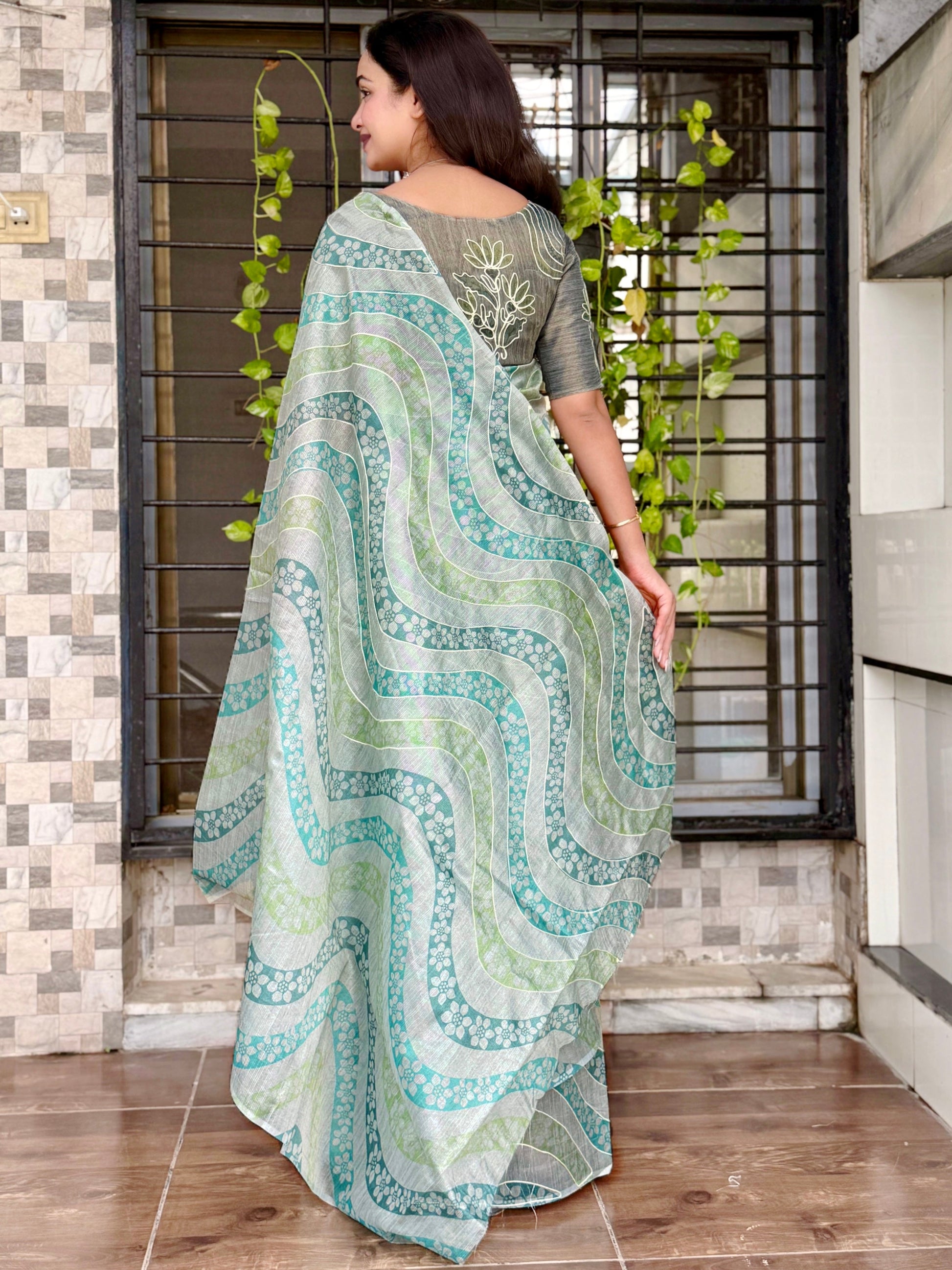 Evanik Designer Skyblue Printed With Thread Kantha Work Saree With Blouse