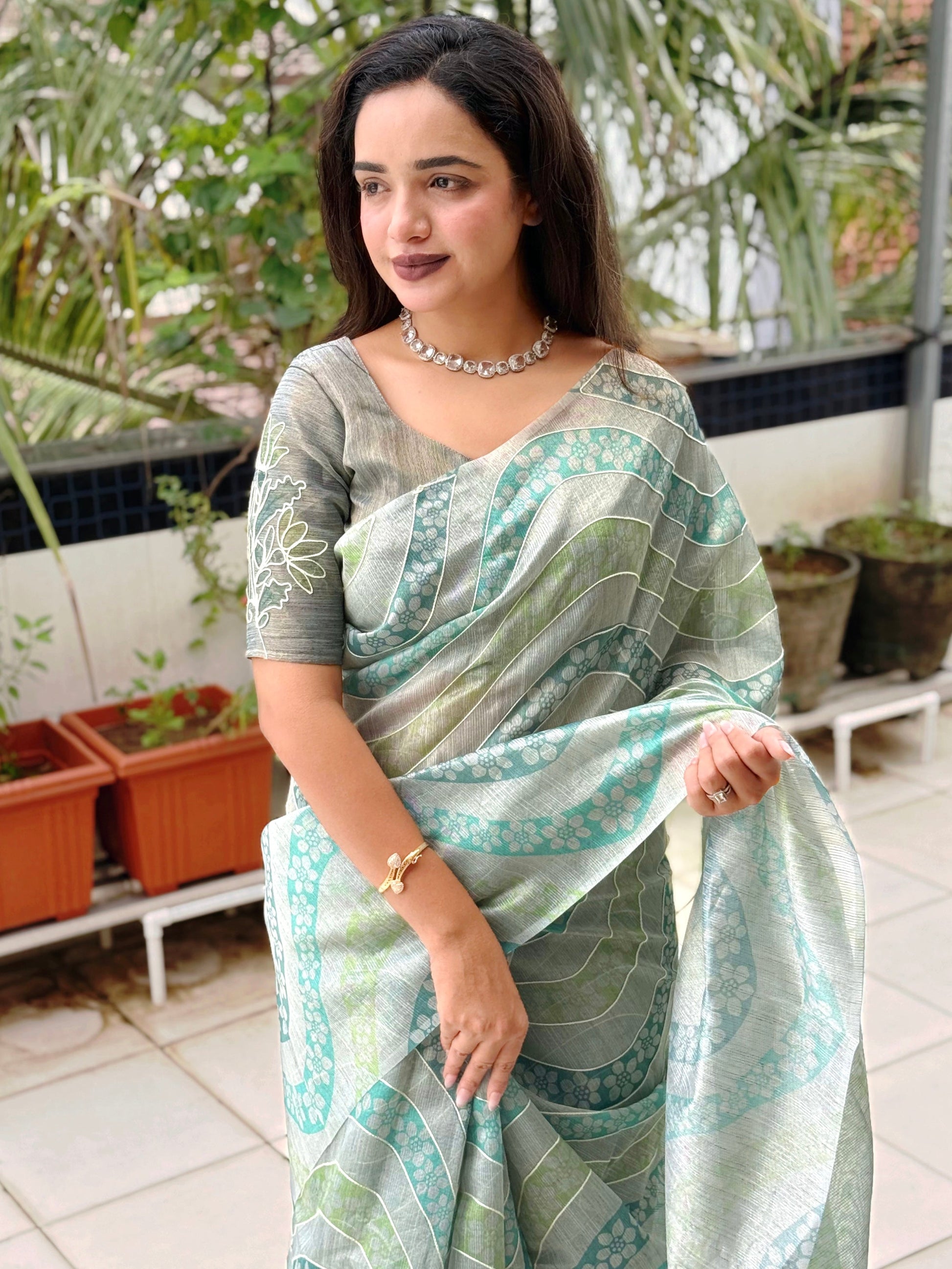 Evanik Designer Skyblue Printed With Thread Kantha Work Saree With Blouse