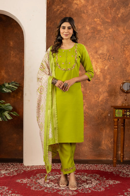 Lorenvalley Fashion Parrotgreen Marina Silk Multi Embroidery Thread with Hand work Kurta Pant Dupatta 