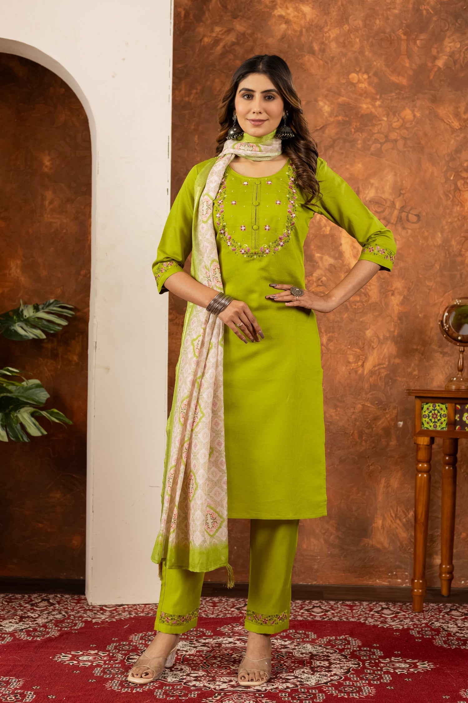 Lorenvalley Fashion Parrotgreen Marina Silk Multi Embroidery Thread with Hand work Kurta Pant Dupatta 