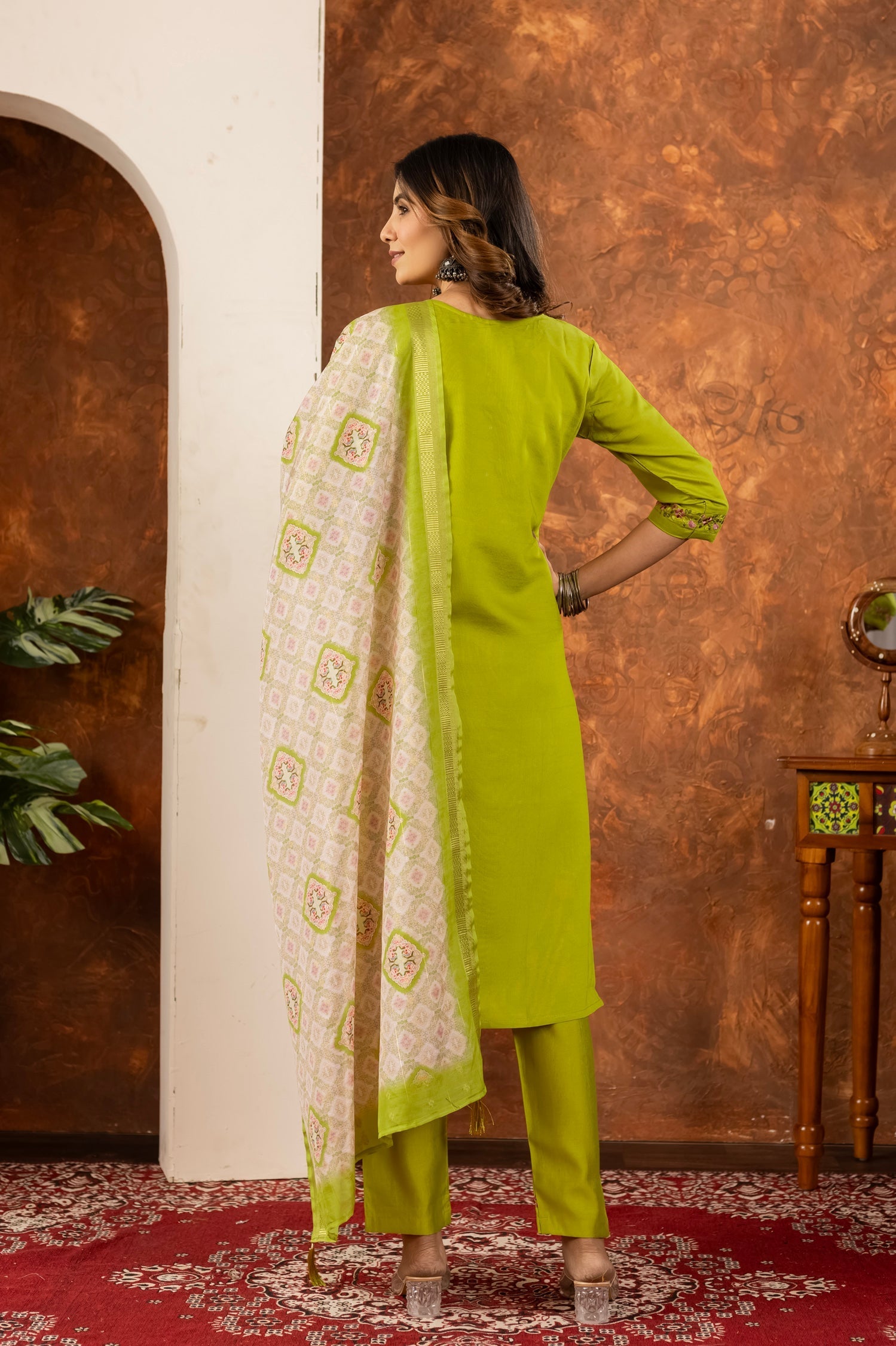 Lorenvalley Fashion Parrotgreen Marina Silk Multi Embroidery Thread with Hand work Kurta Pant Dupatta 