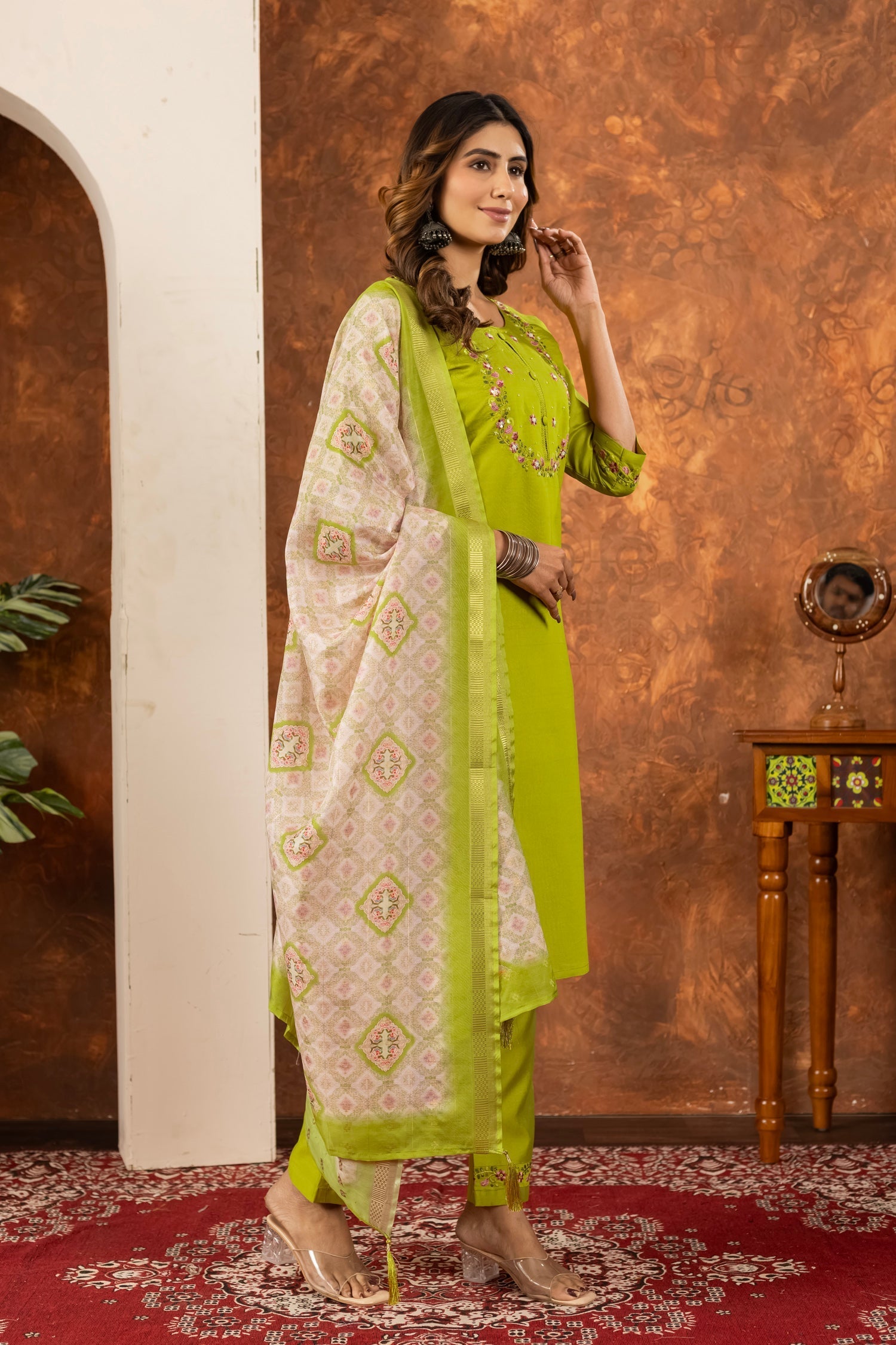 Lorenvalley Fashion Parrotgreen Marina Silk Multi Embroidery Thread with Hand work Kurta Pant Dupatta 