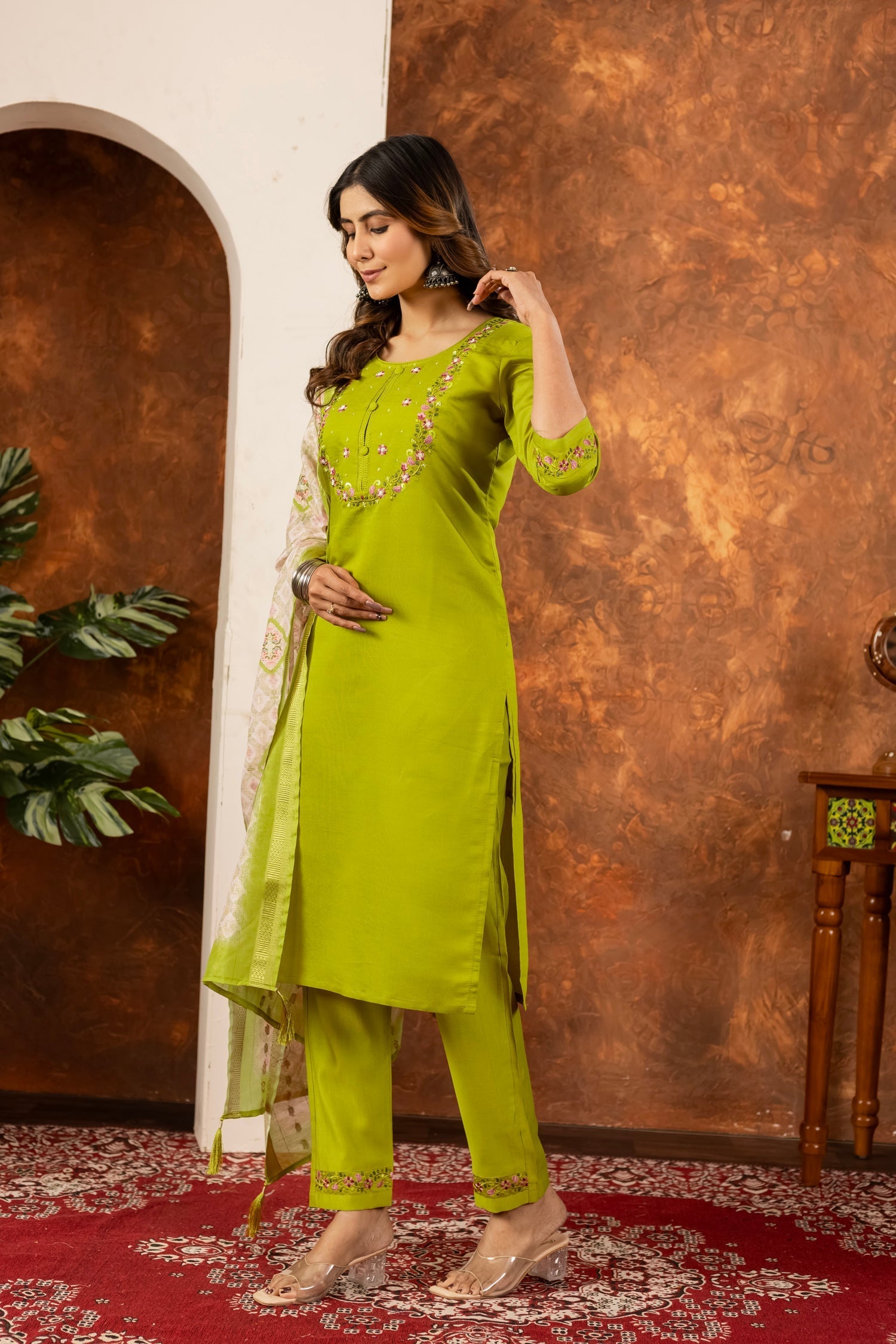Lorenvalley Fashion Parrotgreen Marina Silk Multi Embroidery Thread with Hand work Kurta Pant Dupatta 