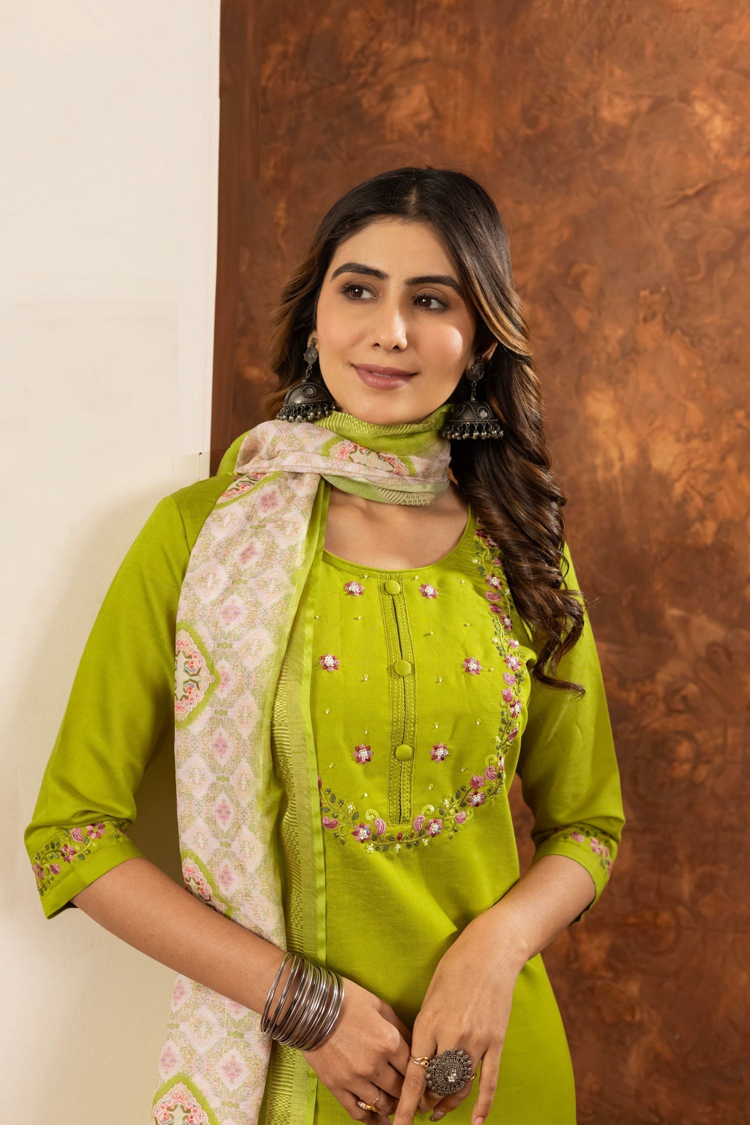 Lorenvalley Fashion Parrotgreen Marina Silk Multi Embroidery Thread with Hand work Kurta Pant Dupatta 