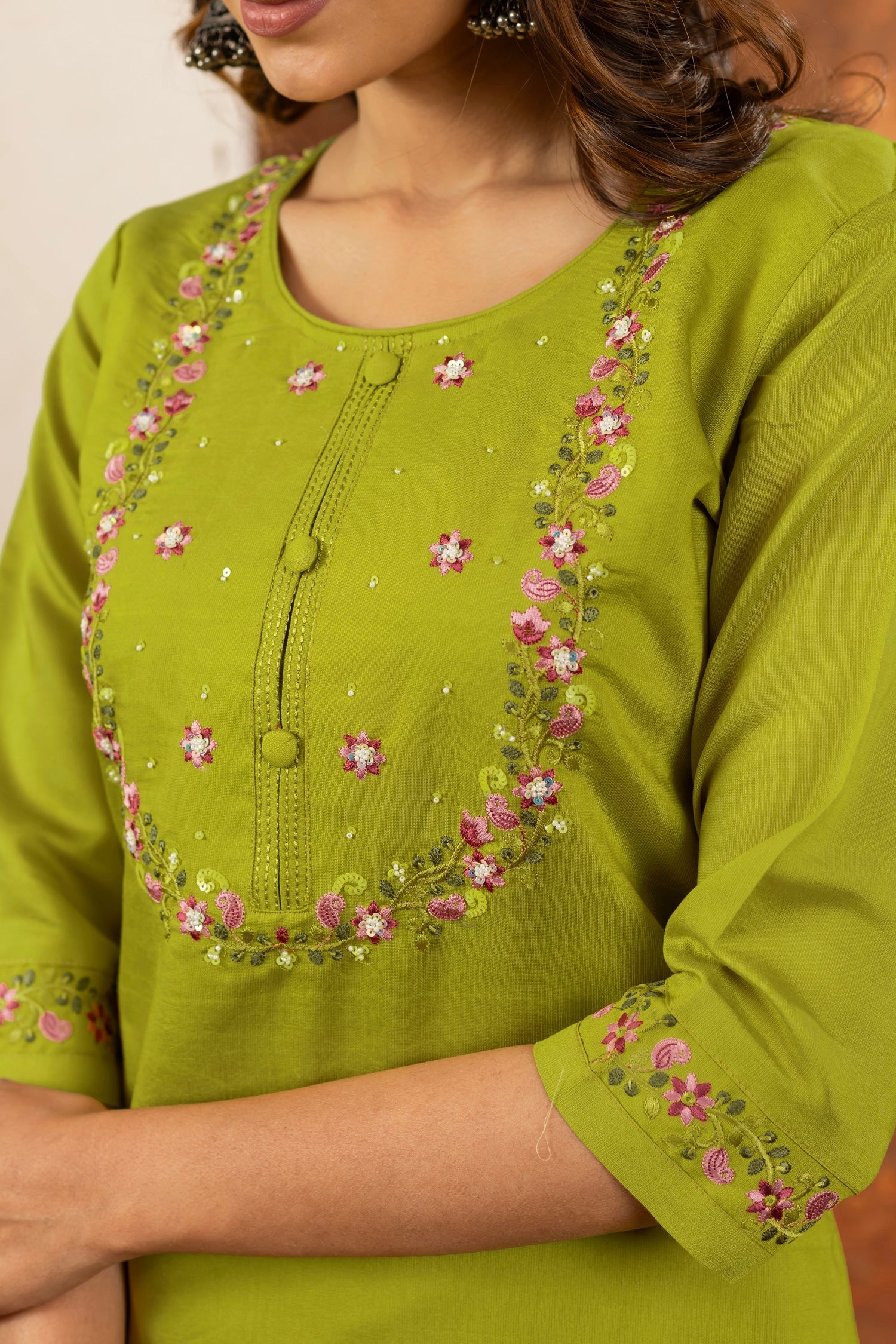 Lorenvalley Fashion Parrotgreen Marina Silk Multi Embroidery Thread with Hand work Kurta Pant Dupatta 