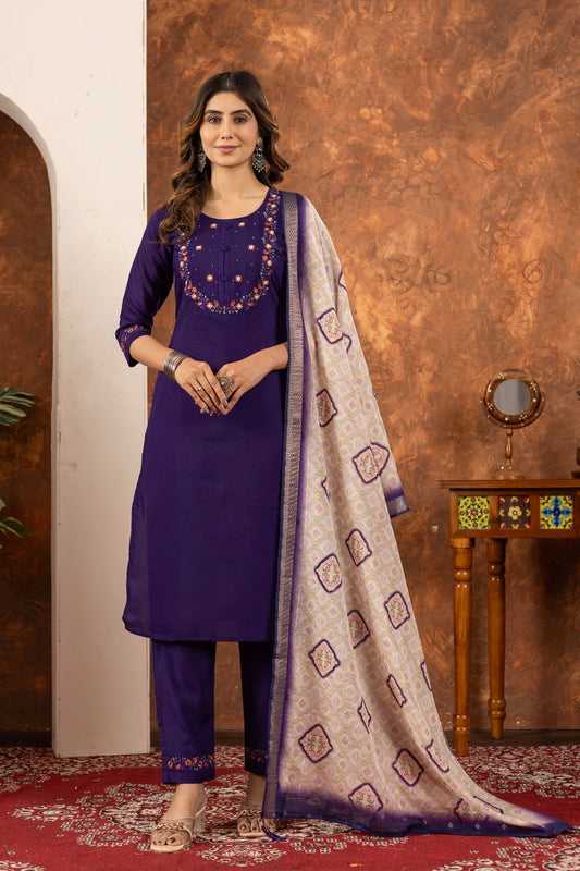 Lorenvalley Fashion Purple Marina Silk Multi Embroidery Thread with Hand work Kurta Pant Dupatta 