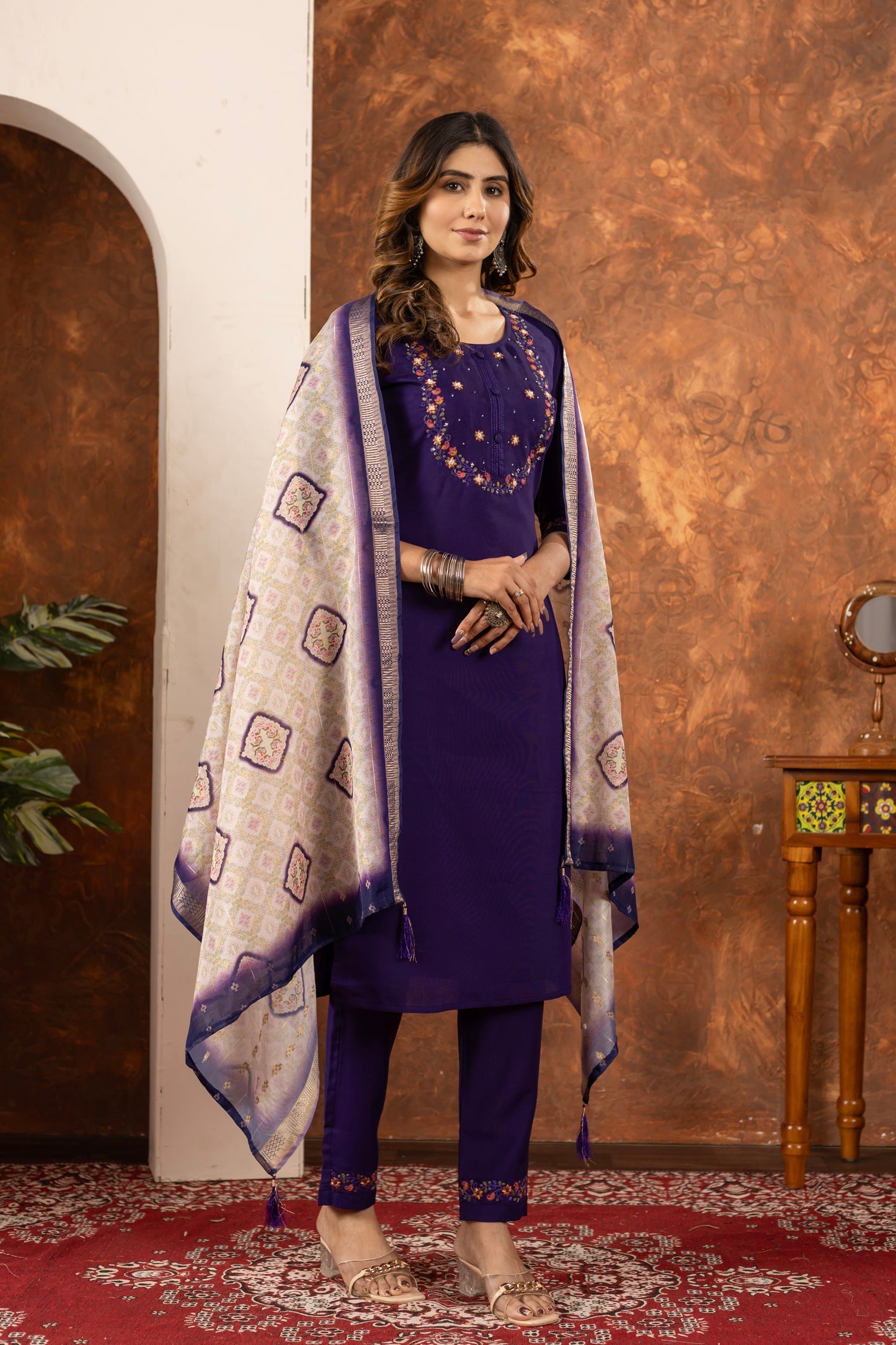 Lorenvalley Fashion Purple Marina Silk Multi Embroidery Thread with Hand work Kurta Pant Dupatta 