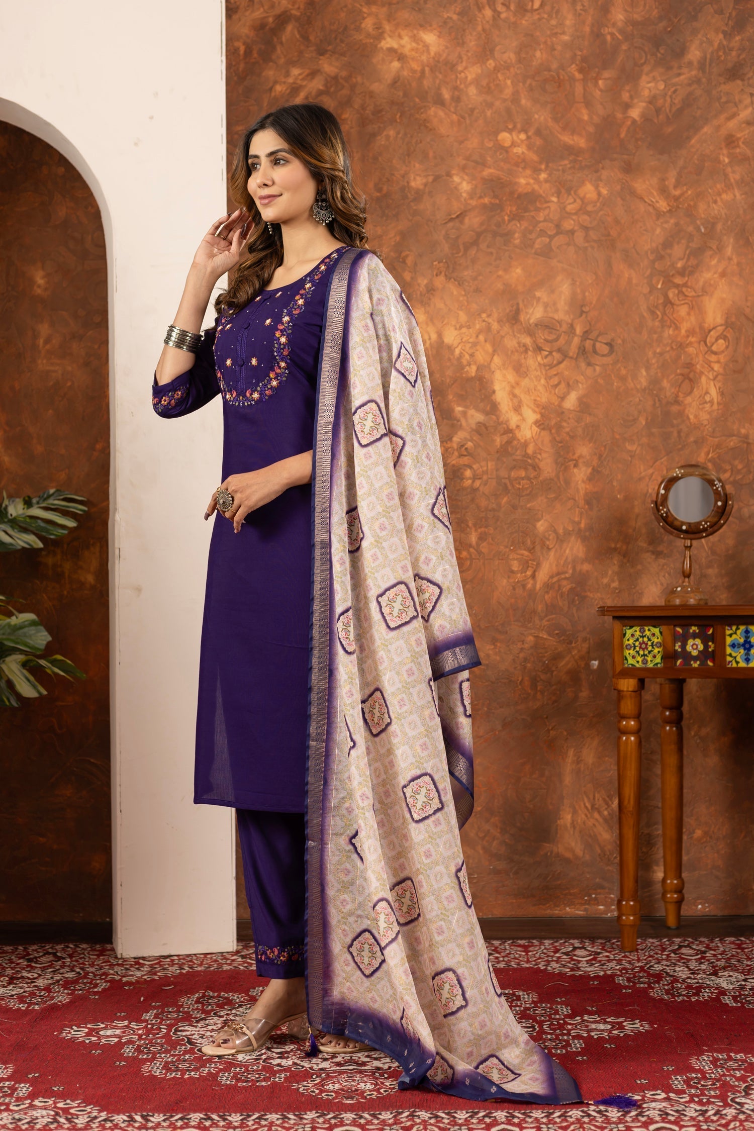 Lorenvalley Fashion Purple Marina Silk Multi Embroidery Thread with Hand work Kurta Pant Dupatta 
