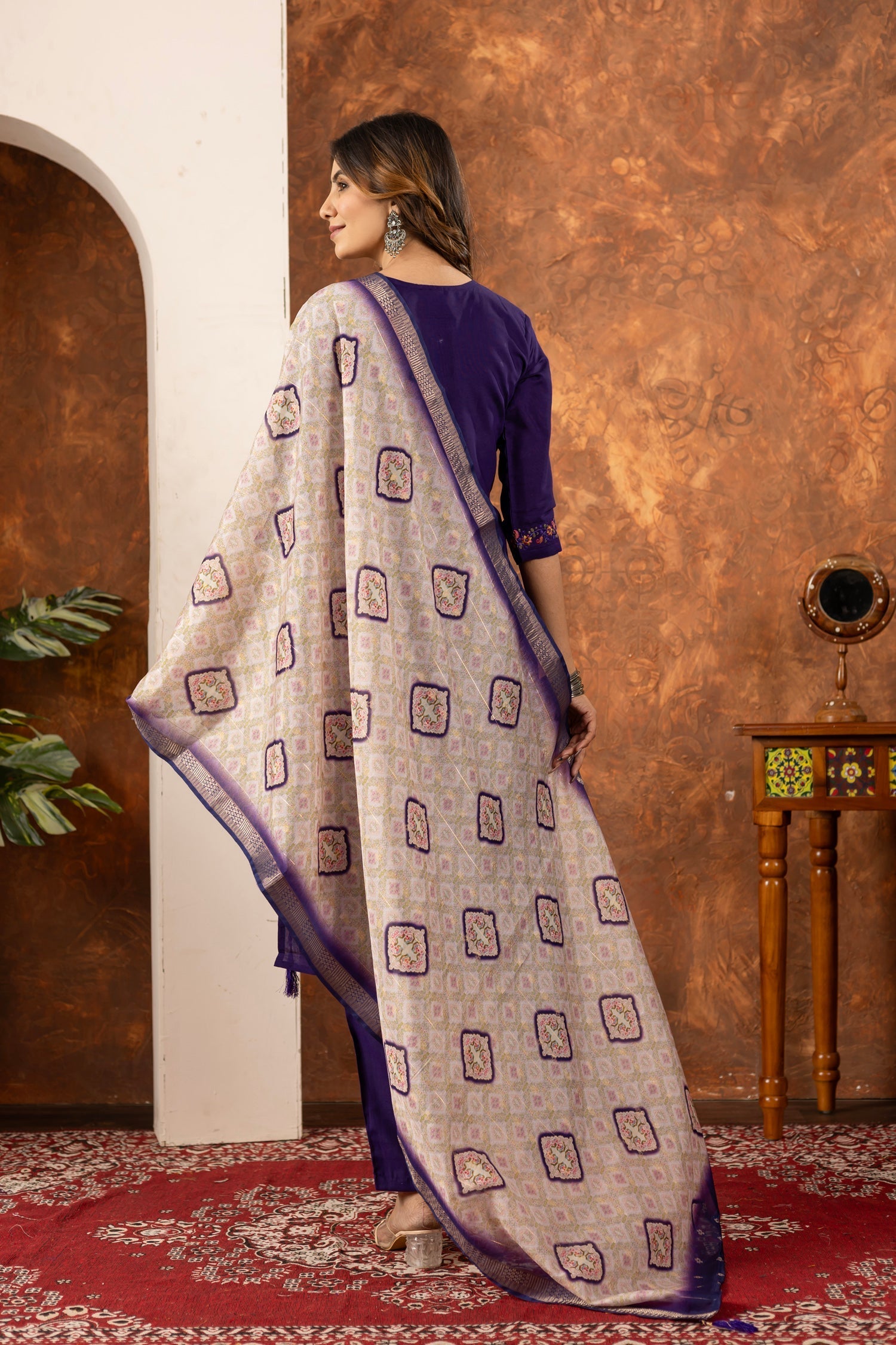 Lorenvalley Fashion Purple Marina Silk Multi Embroidery Thread with Hand work Kurta Pant Dupatta 