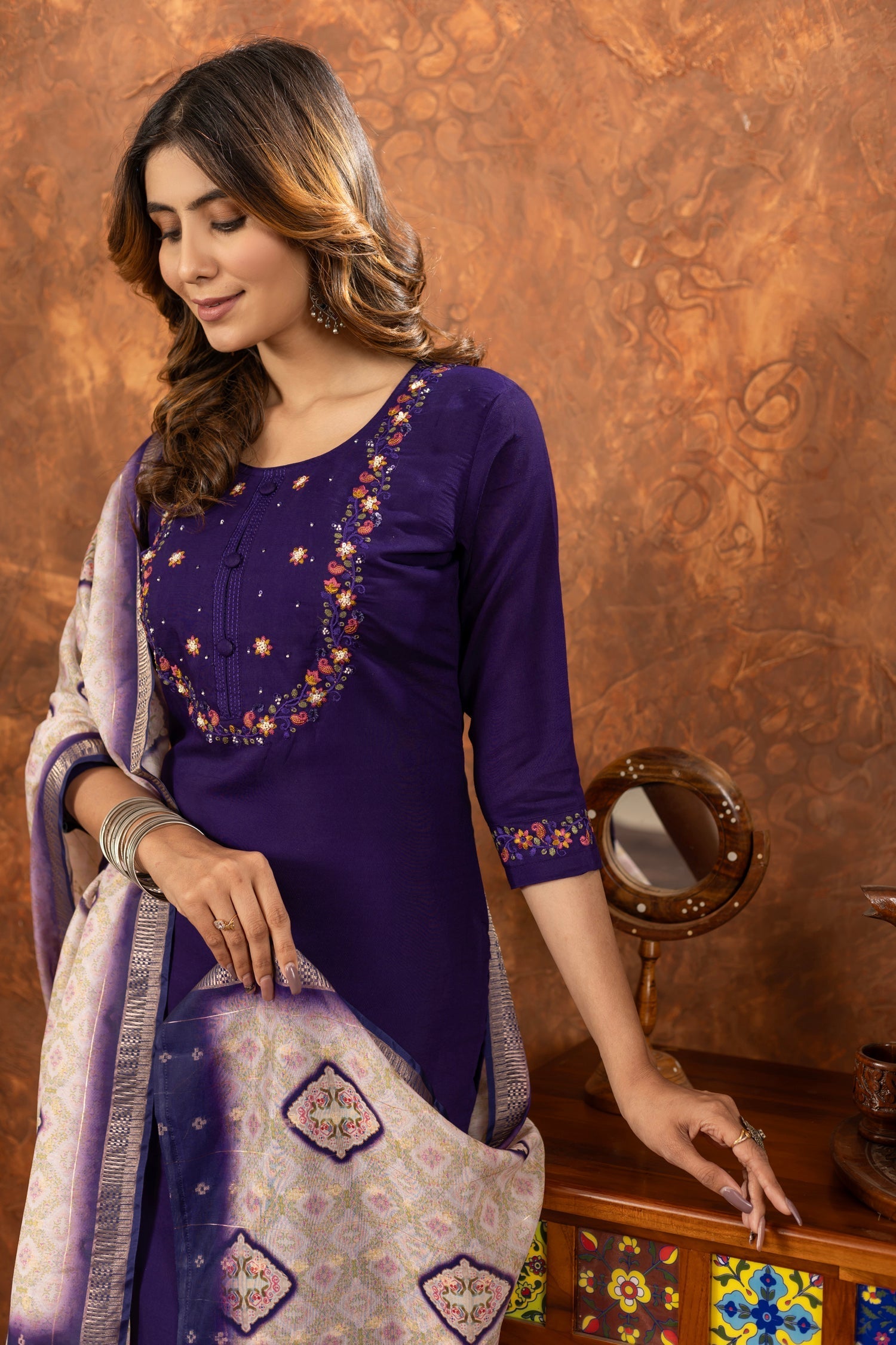Lorenvalley Fashion Purple Marina Silk Multi Embroidery Thread with Hand work Kurta Pant Dupatta 