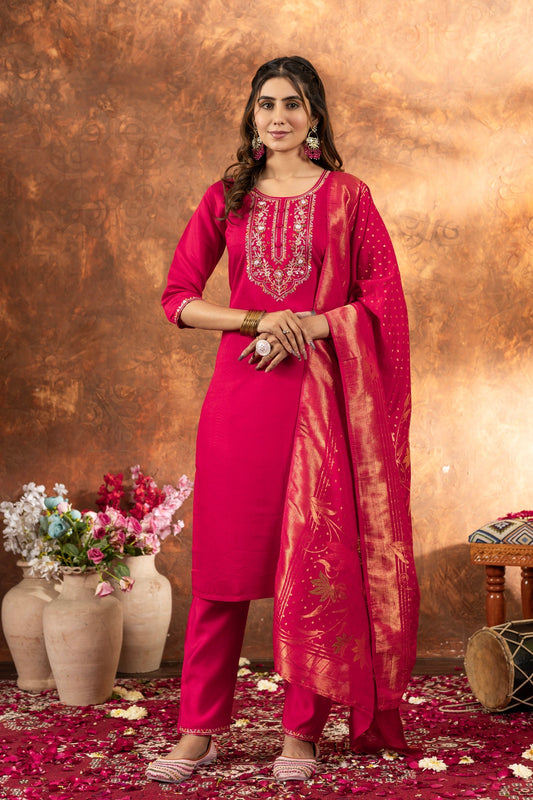 Lorenvalley Fashion Pink Marina Silk Multi Embroidery Thread with Hand work Kurta Pant Dupatta 