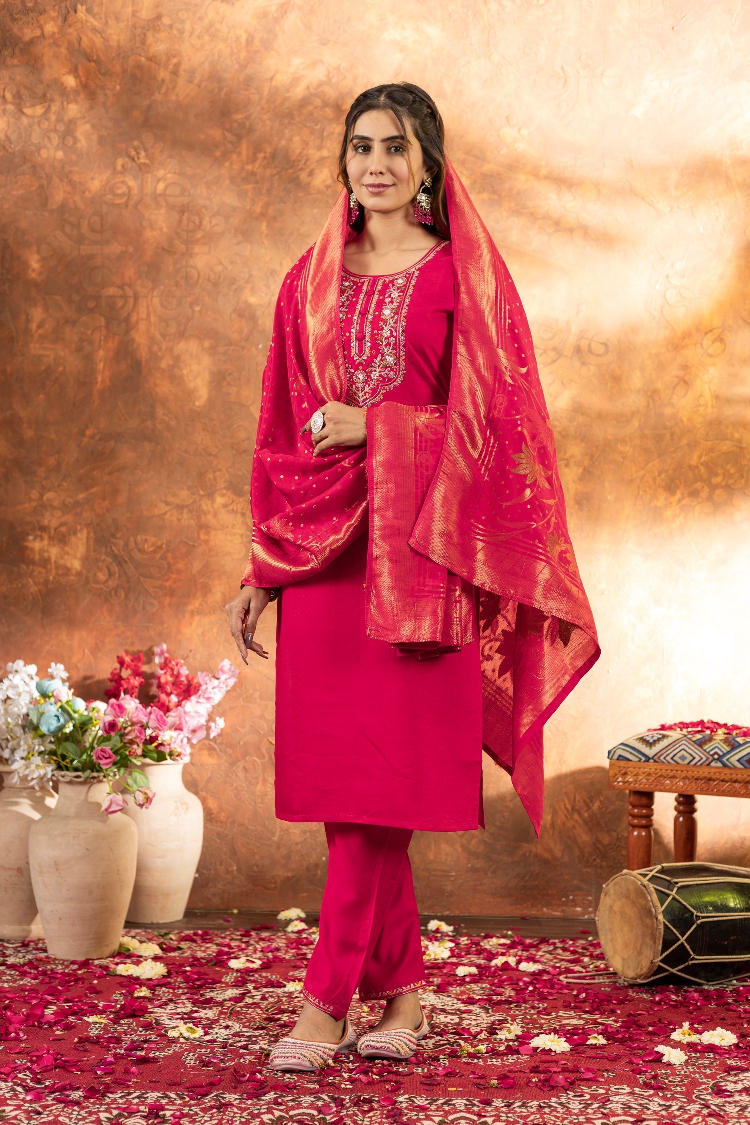 Lorenvalley Fashion Pink Marina Silk Multi Embroidery Thread with Hand work Kurta Pant Dupatta 
