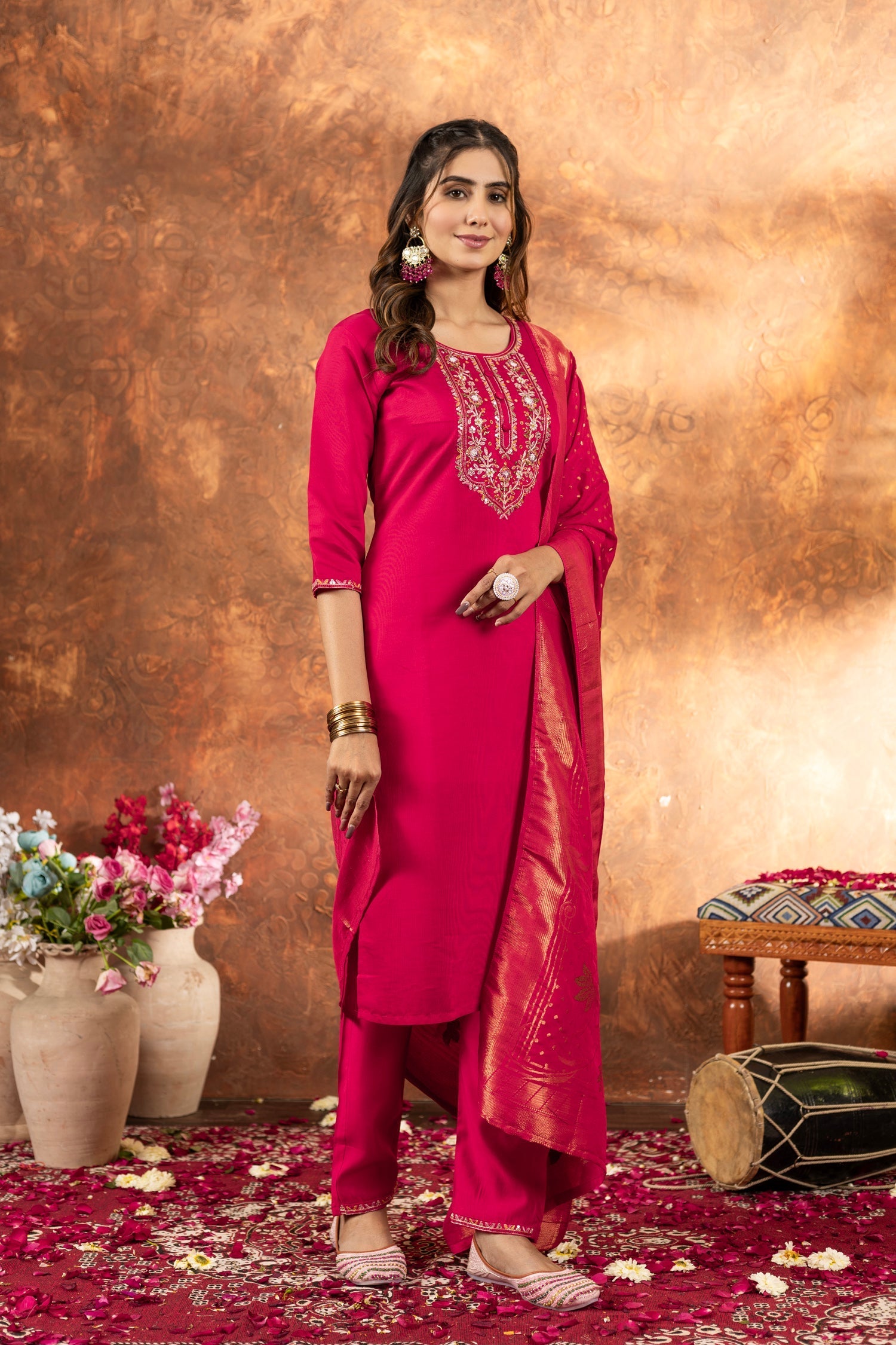 Lorenvalley Fashion Pink Marina Silk Multi Embroidery Thread with Hand work Kurta Pant Dupatta 