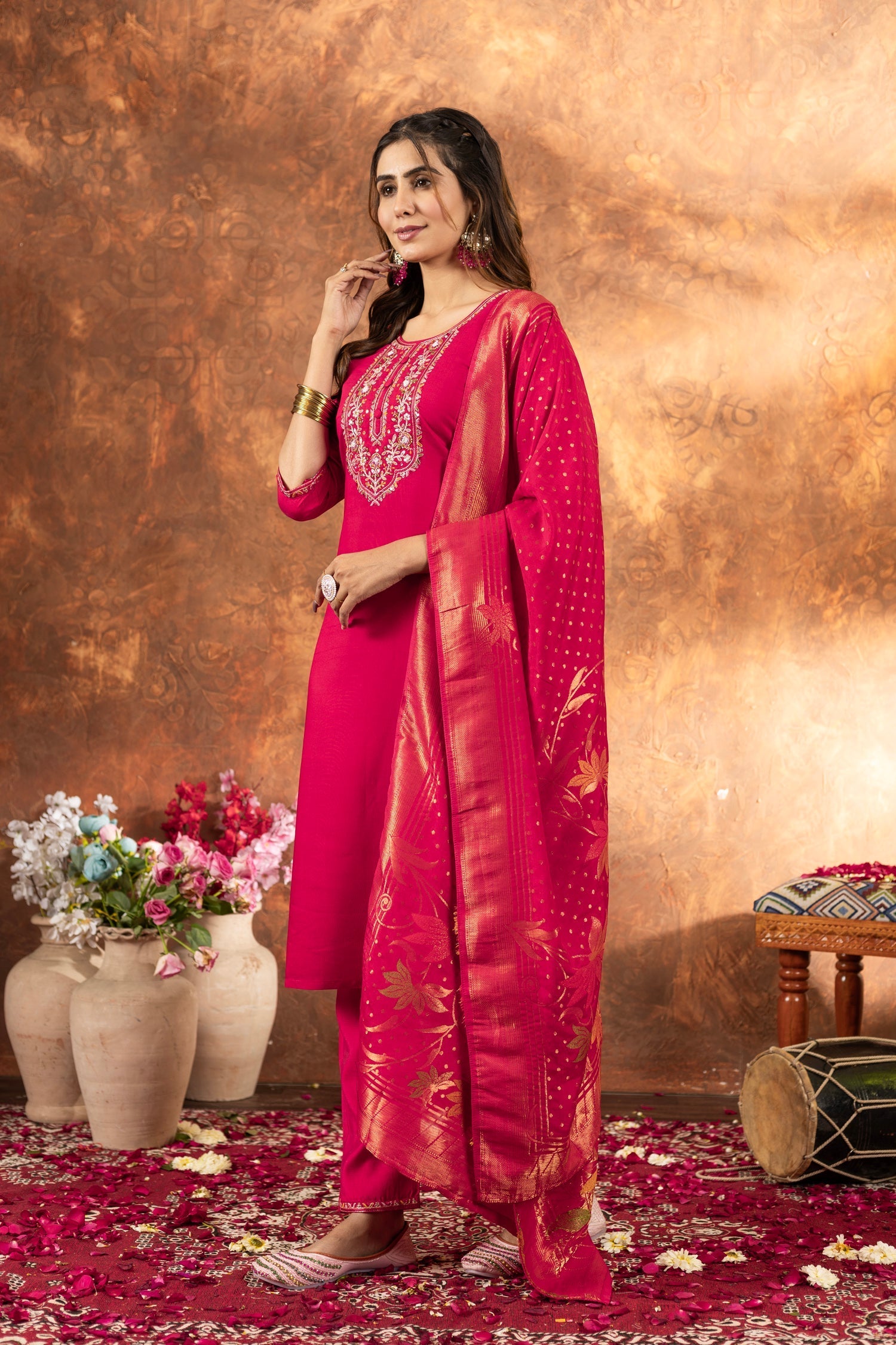 Lorenvalley Fashion Pink Marina Silk Multi Embroidery Thread with Hand work Kurta Pant Dupatta 