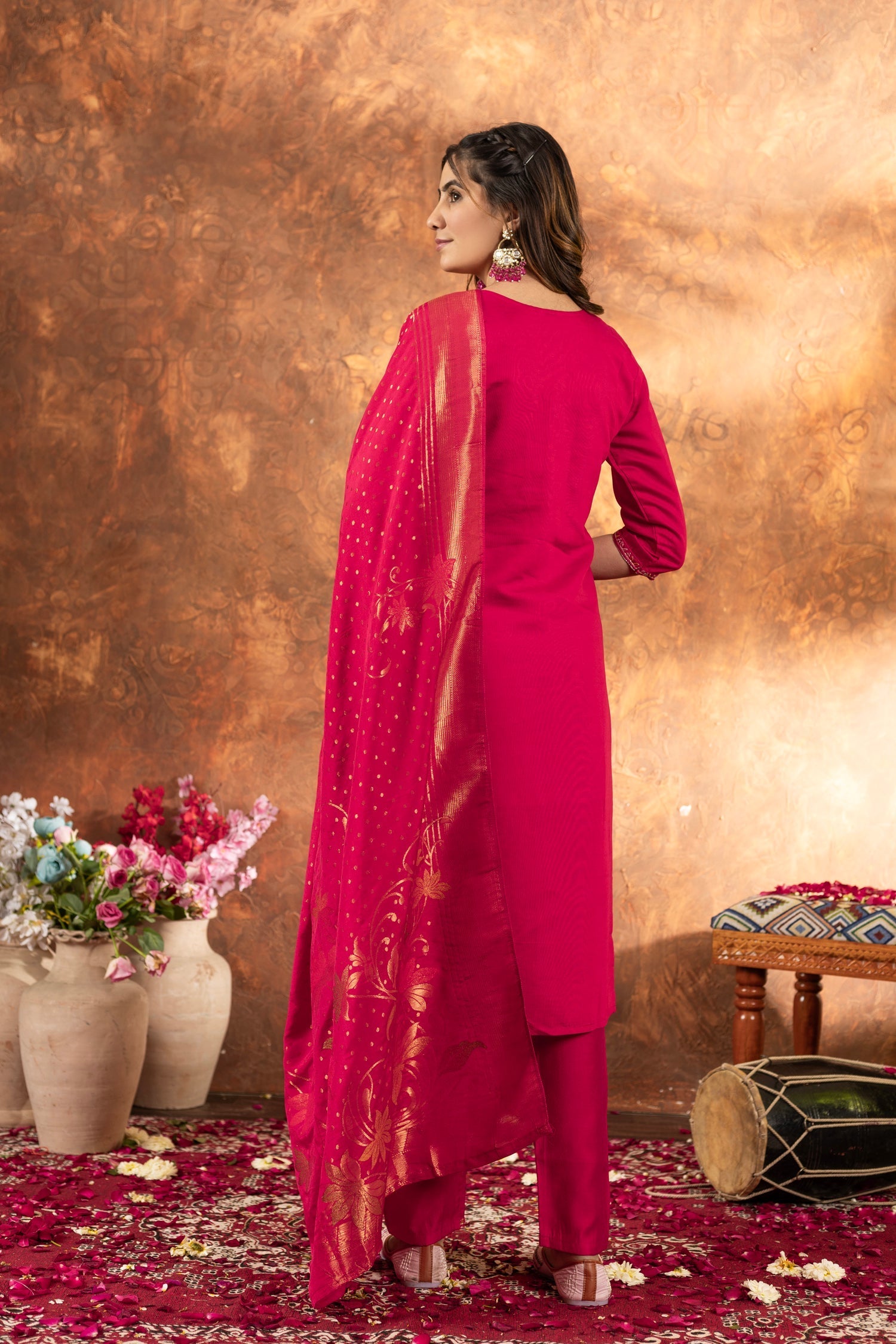 Lorenvalley Fashion Pink Marina Silk Multi Embroidery Thread with Hand work Kurta Pant Dupatta 