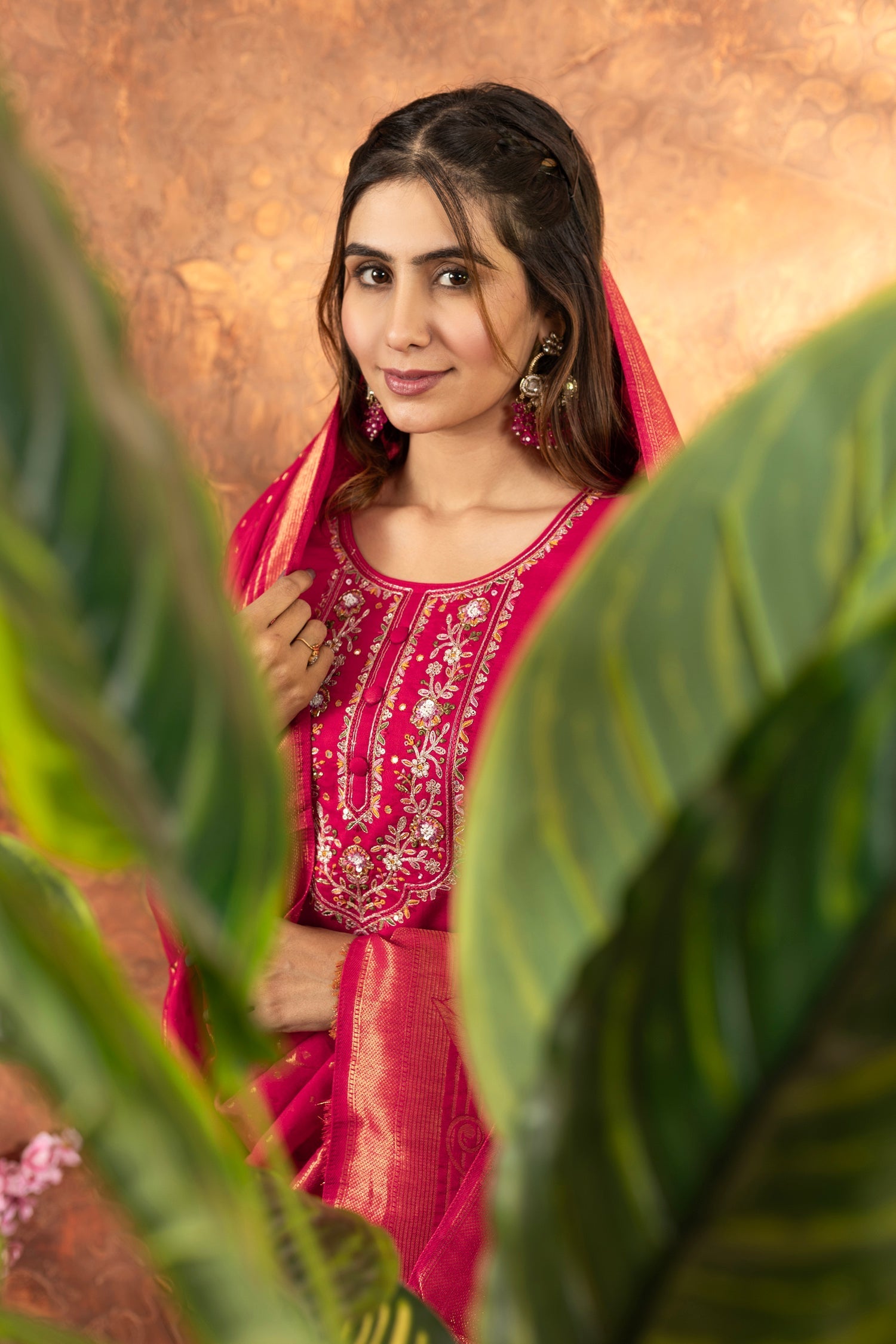 Lorenvalley Fashion Pink Marina Silk Multi Embroidery Thread with Hand work Kurta Pant Dupatta 