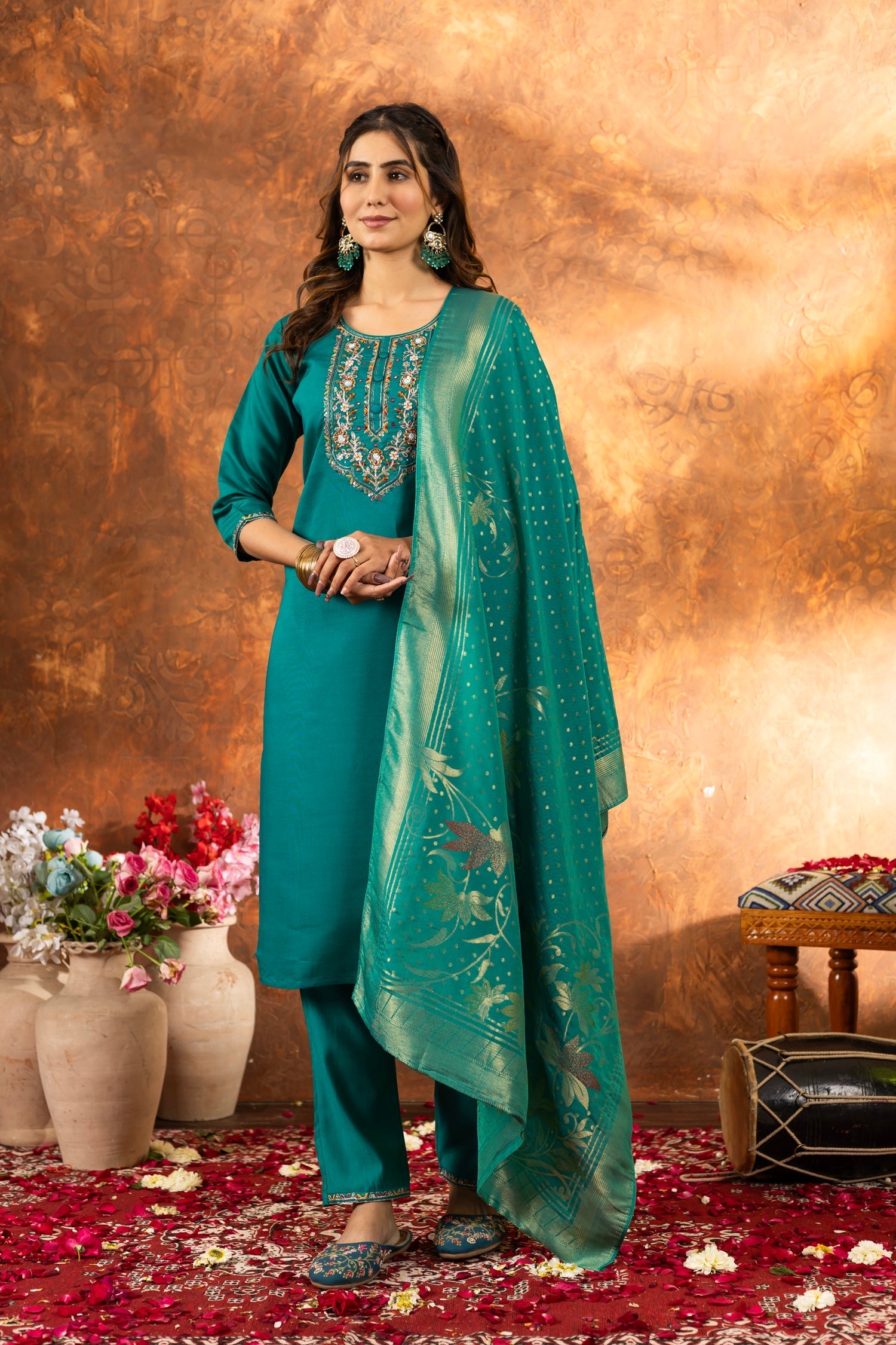 Lorenvalley Fashion Rama Marina Silk Multi Embroidery Thread with Hand work Kurta Pant Dupatta 