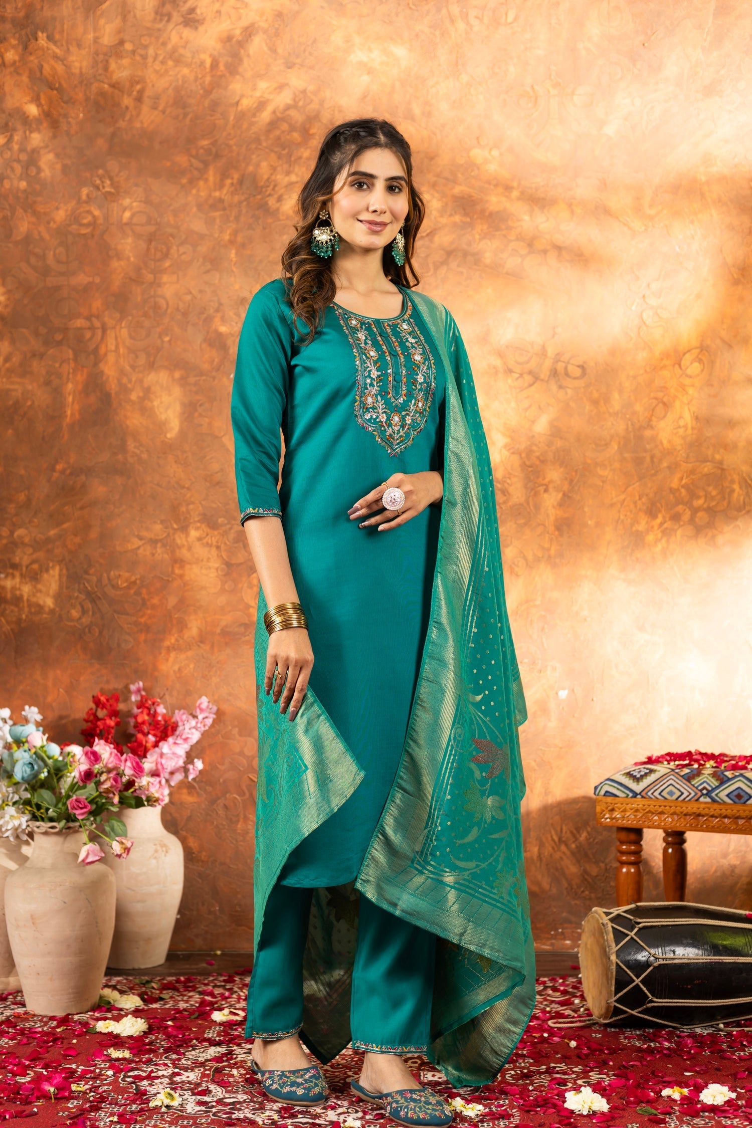 Lorenvalley Fashion Rama Marina Silk Multi Embroidery Thread with Hand work Kurta Pant Dupatta 