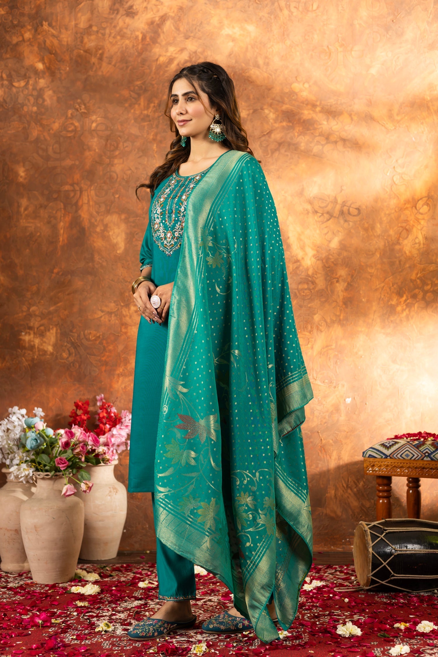 Lorenvalley Fashion Rama Marina Silk Multi Embroidery Thread with Hand work Kurta Pant Dupatta 