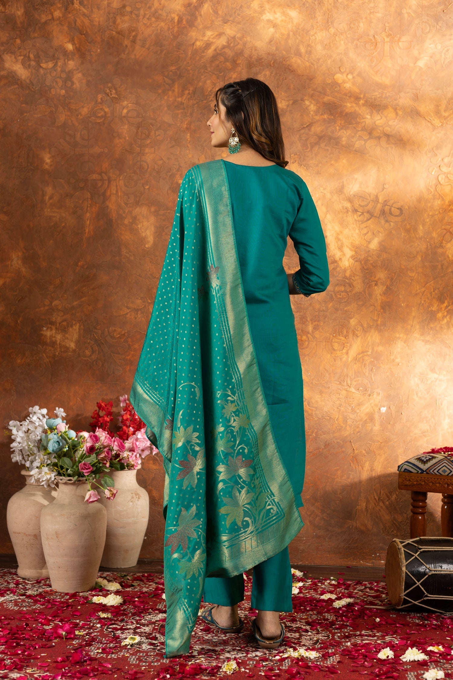 Lorenvalley Fashion Rama Marina Silk Multi Embroidery Thread with Hand work Kurta Pant Dupatta 