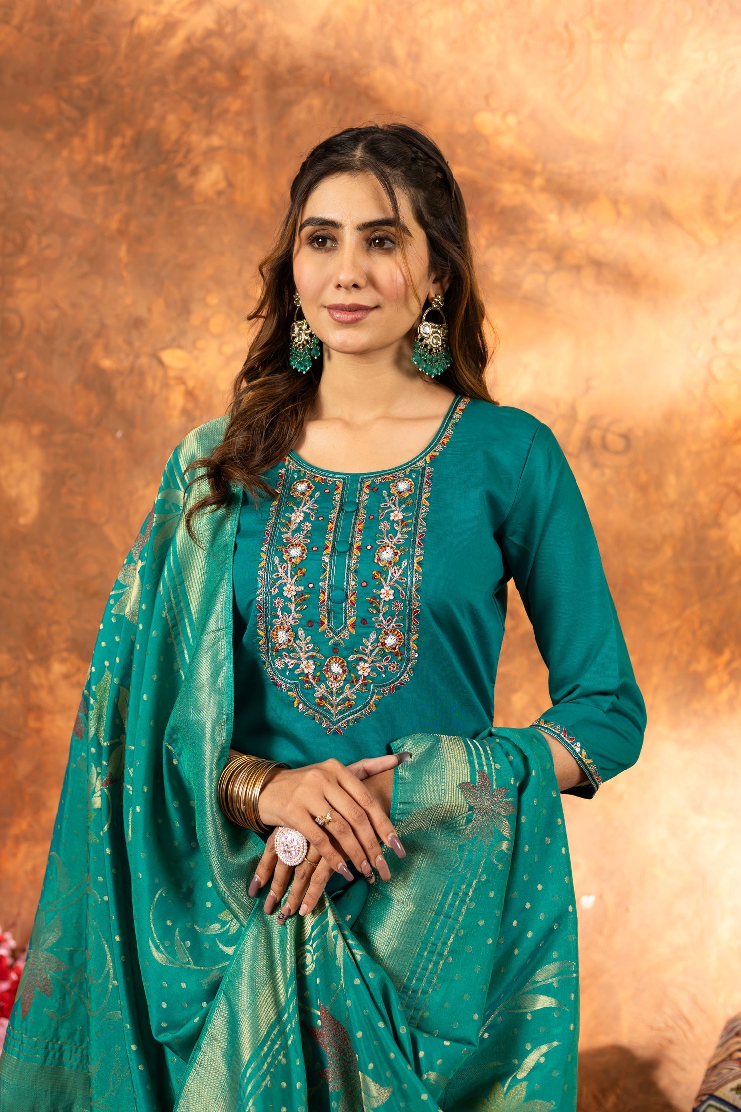 Lorenvalley Fashion Rama Marina Silk Multi Embroidery Thread with Hand work Kurta Pant Dupatta 