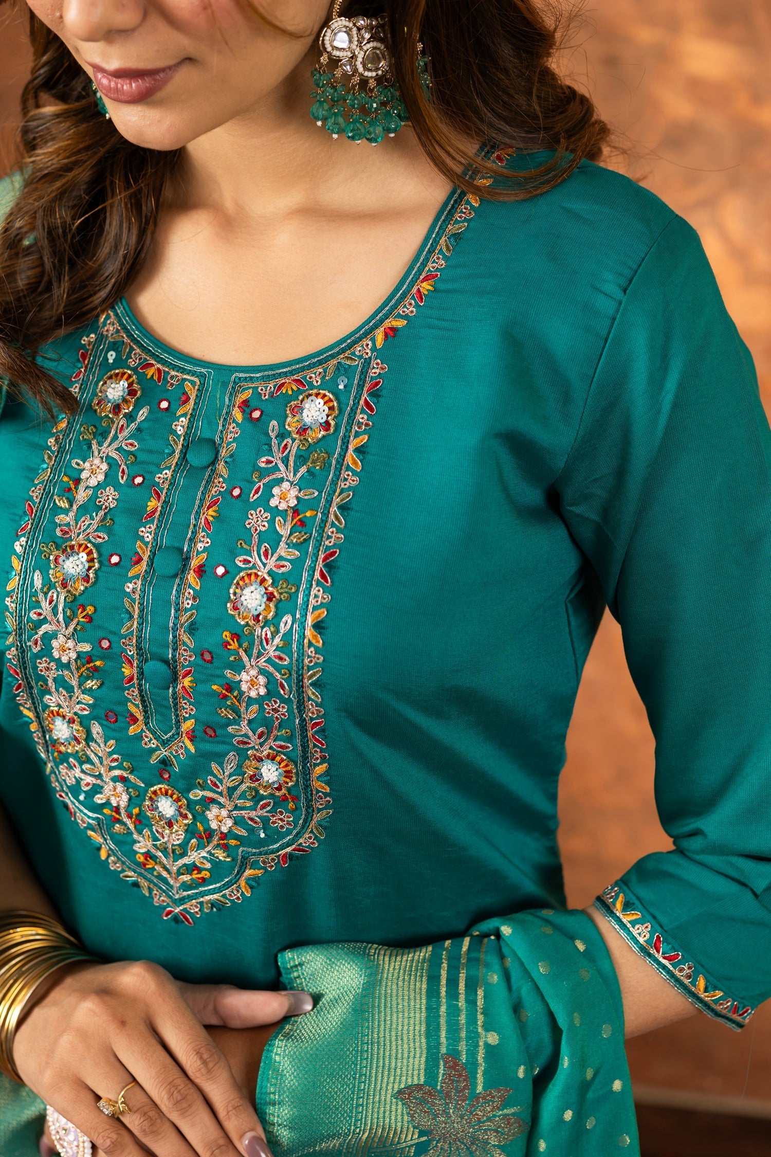 Lorenvalley Fashion Rama Marina Silk Multi Embroidery Thread with Hand work Kurta Pant Dupatta 