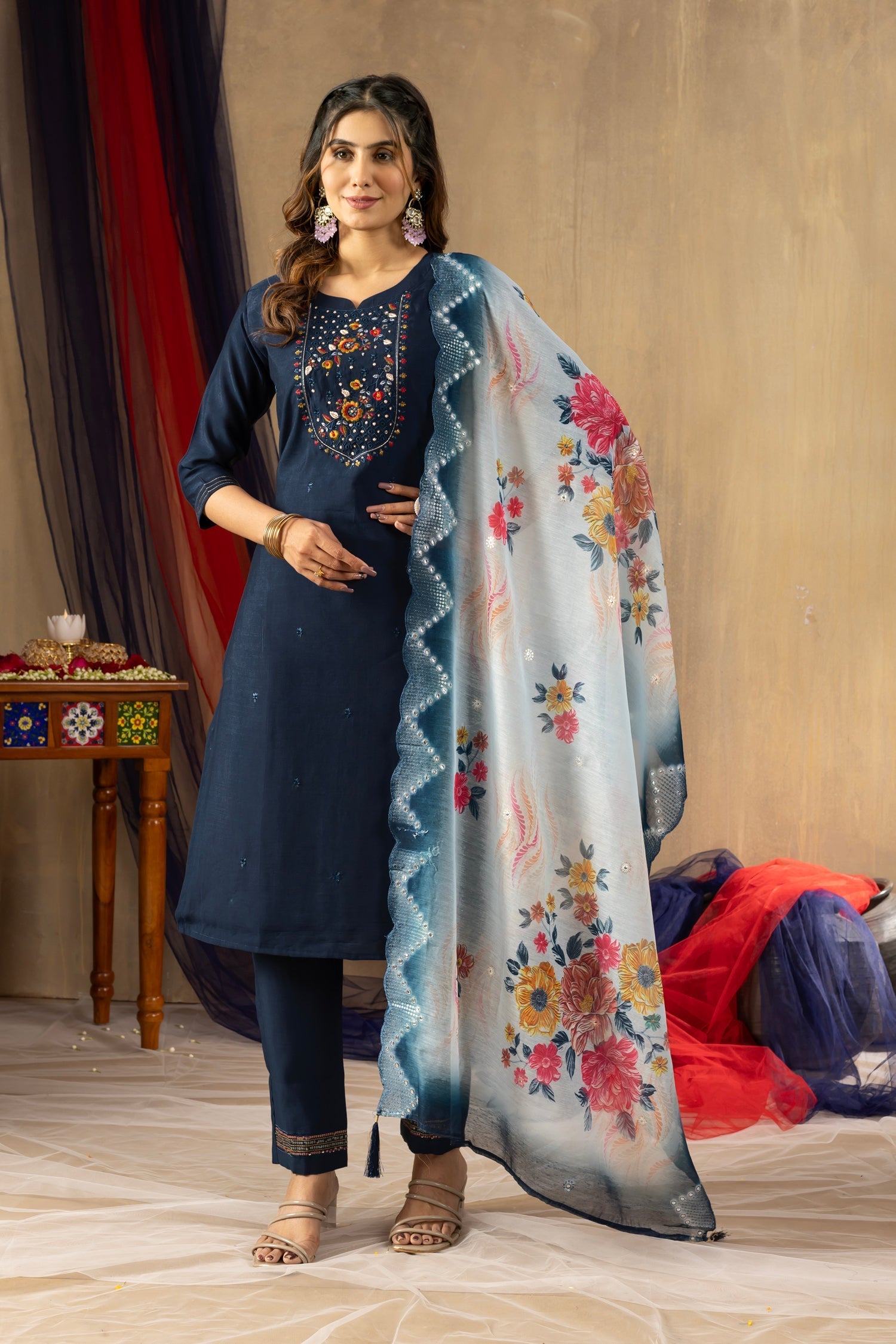 Lorenvalley Fashion Blue Viscose mango silk Multi Embroidery Thread with Hand Work Kurta Pant Dupatta 