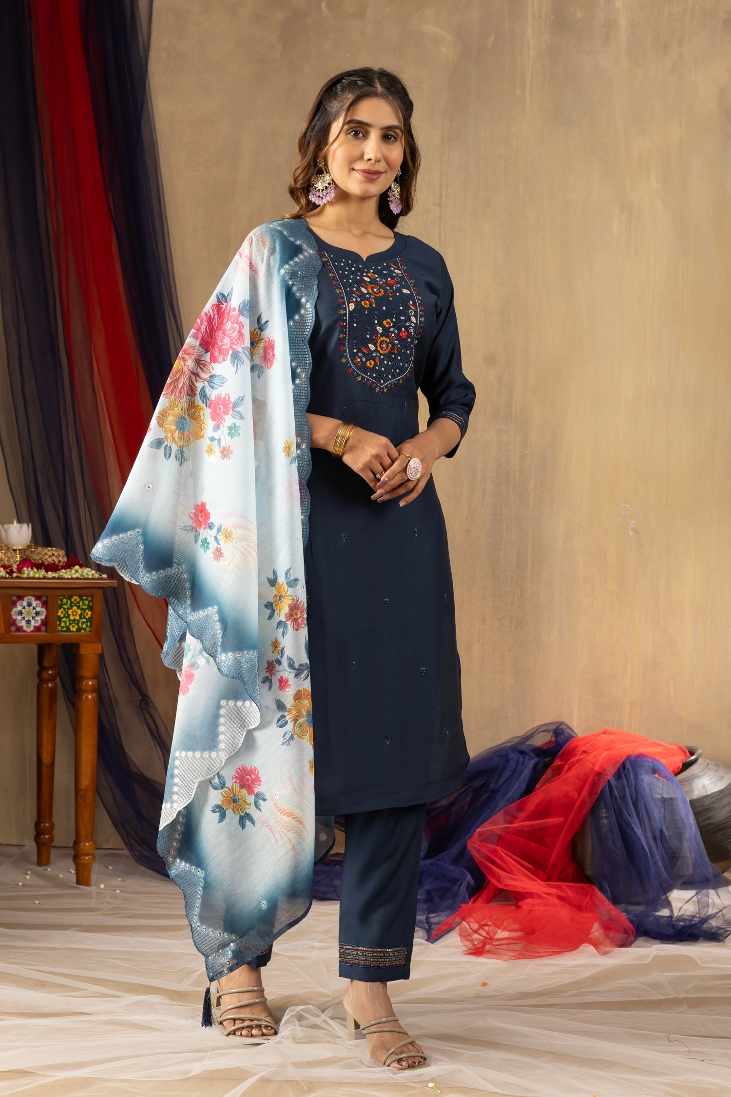 Lorenvalley Fashion Blue Viscose mango silk Multi Embroidery Thread with Hand Work Kurta Pant Dupatta 