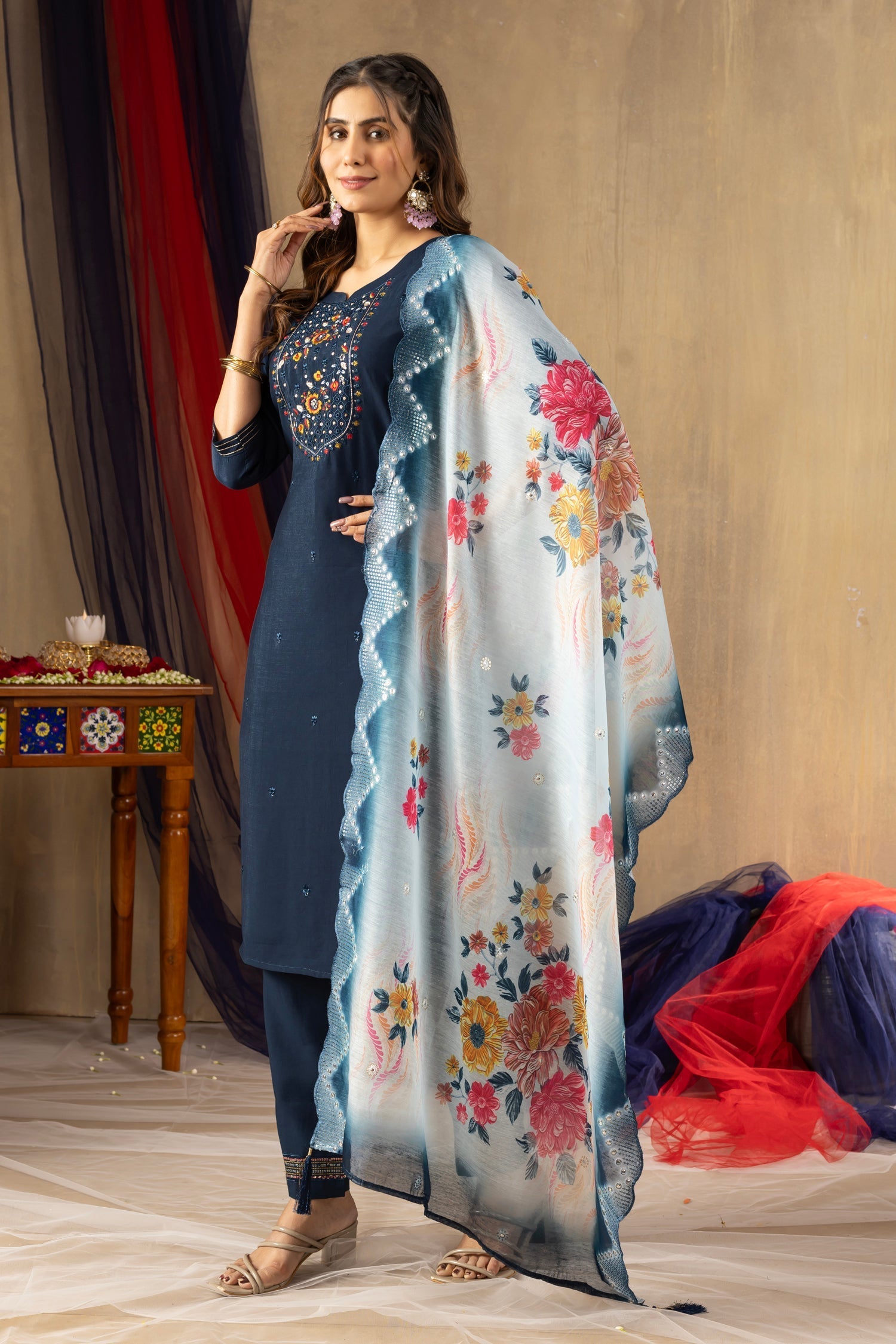 Lorenvalley Fashion Blue Viscose mango silk Multi Embroidery Thread with Hand Work Kurta Pant Dupatta 