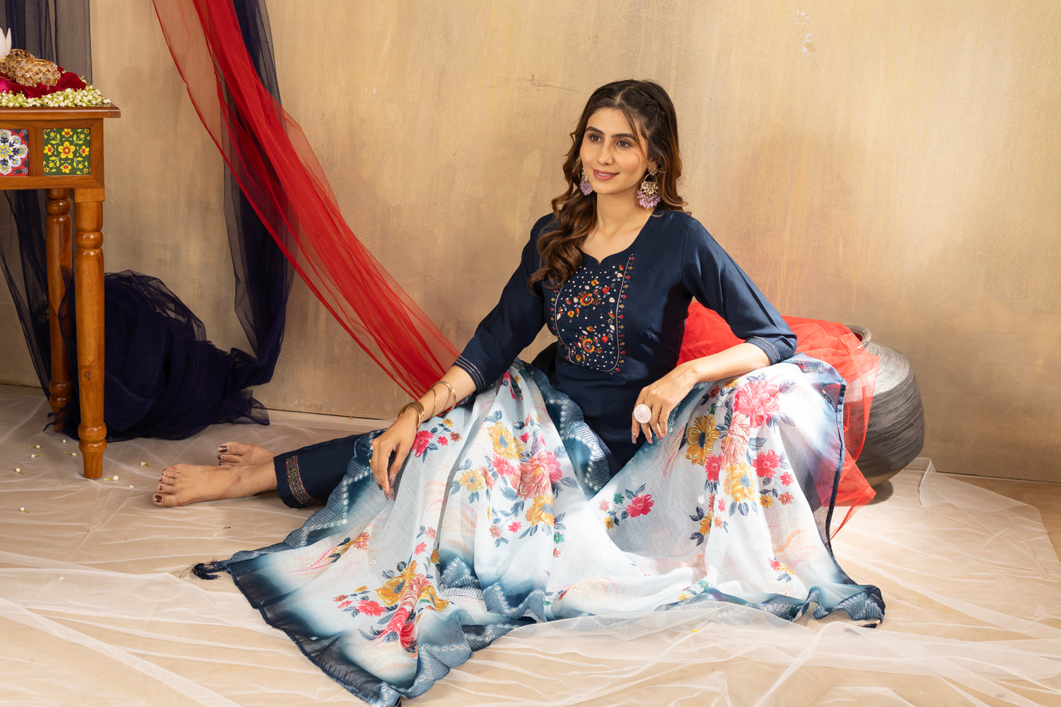 Lorenvalley Fashion Blue Viscose mango silk Multi Embroidery Thread with Hand Work Kurta Pant Dupatta 
