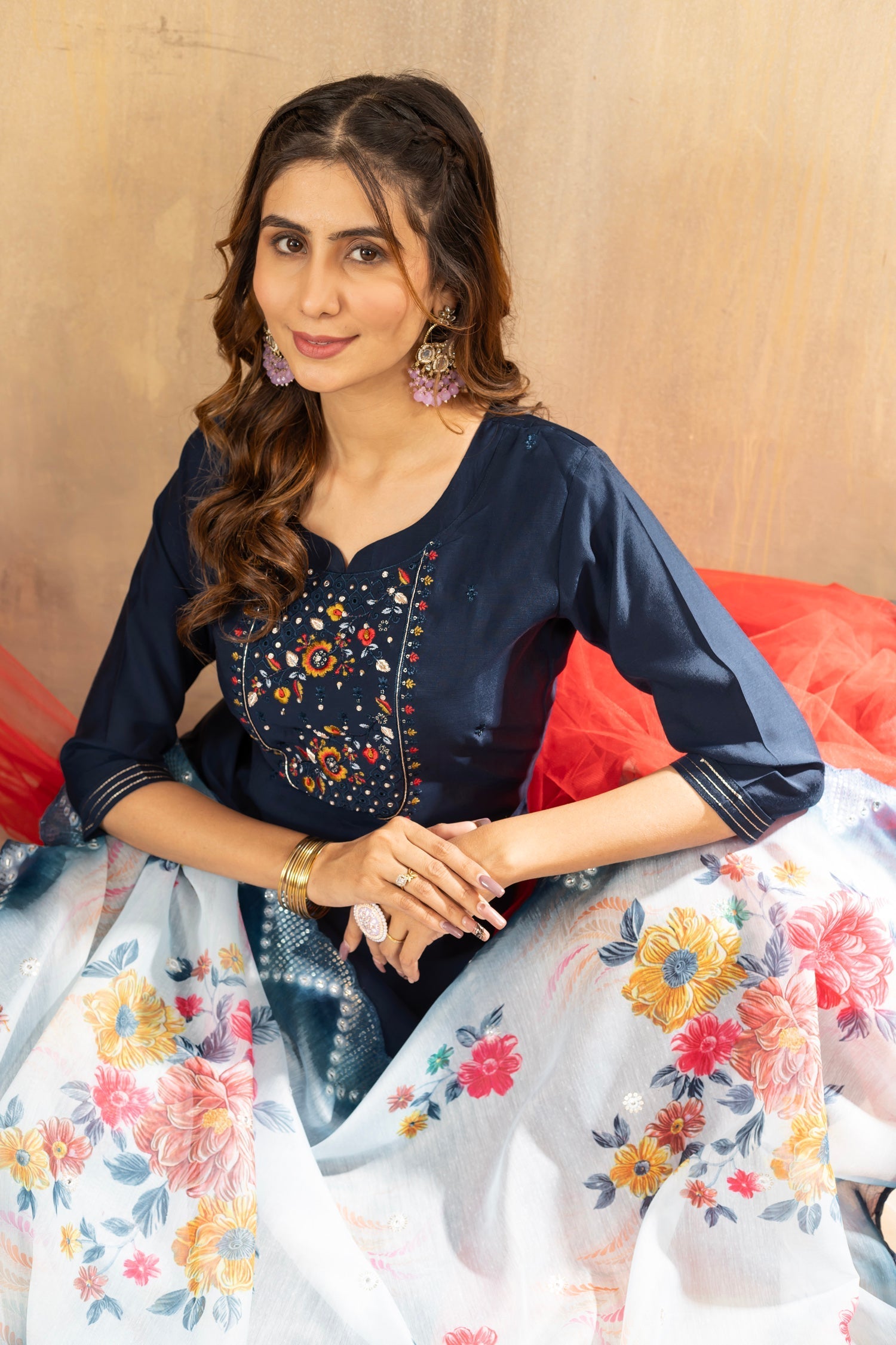 Lorenvalley Fashion Blue Viscose mango silk Multi Embroidery Thread with Hand Work Kurta Pant Dupatta 