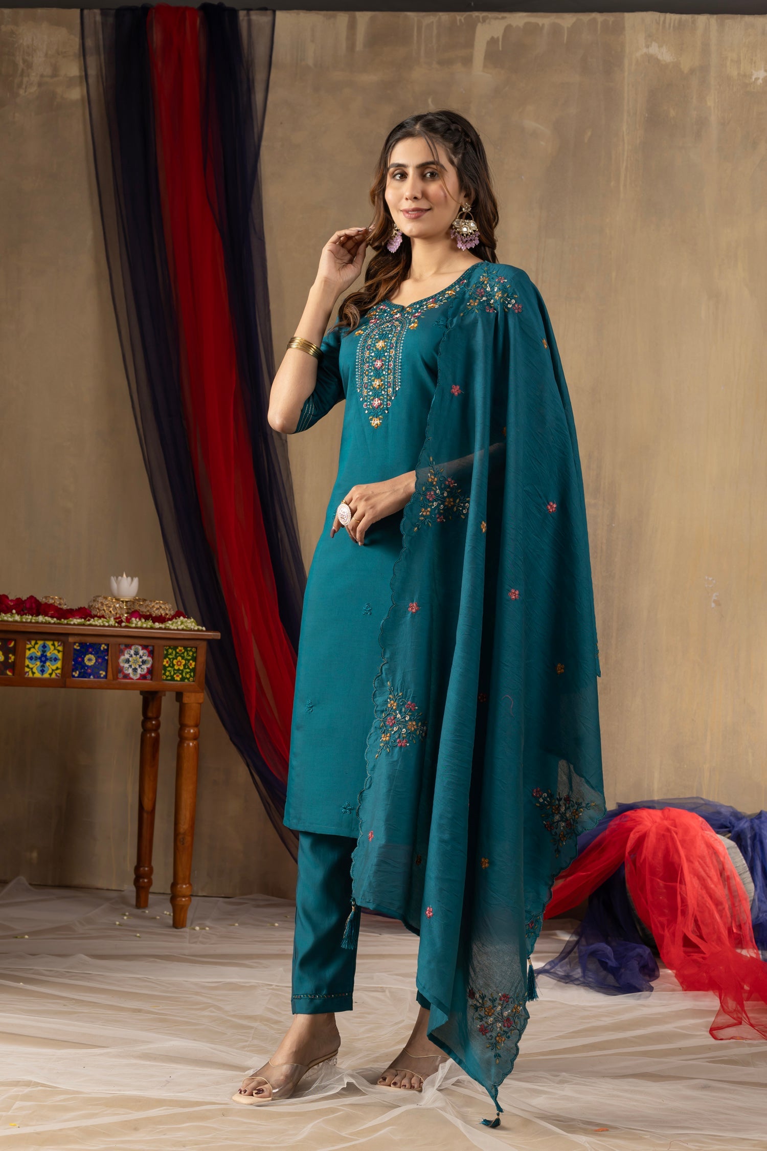 Lorenvalley Fashion Rama Roman Silk Embroidery Sequins with Hand work Kurta Pant Dupatta