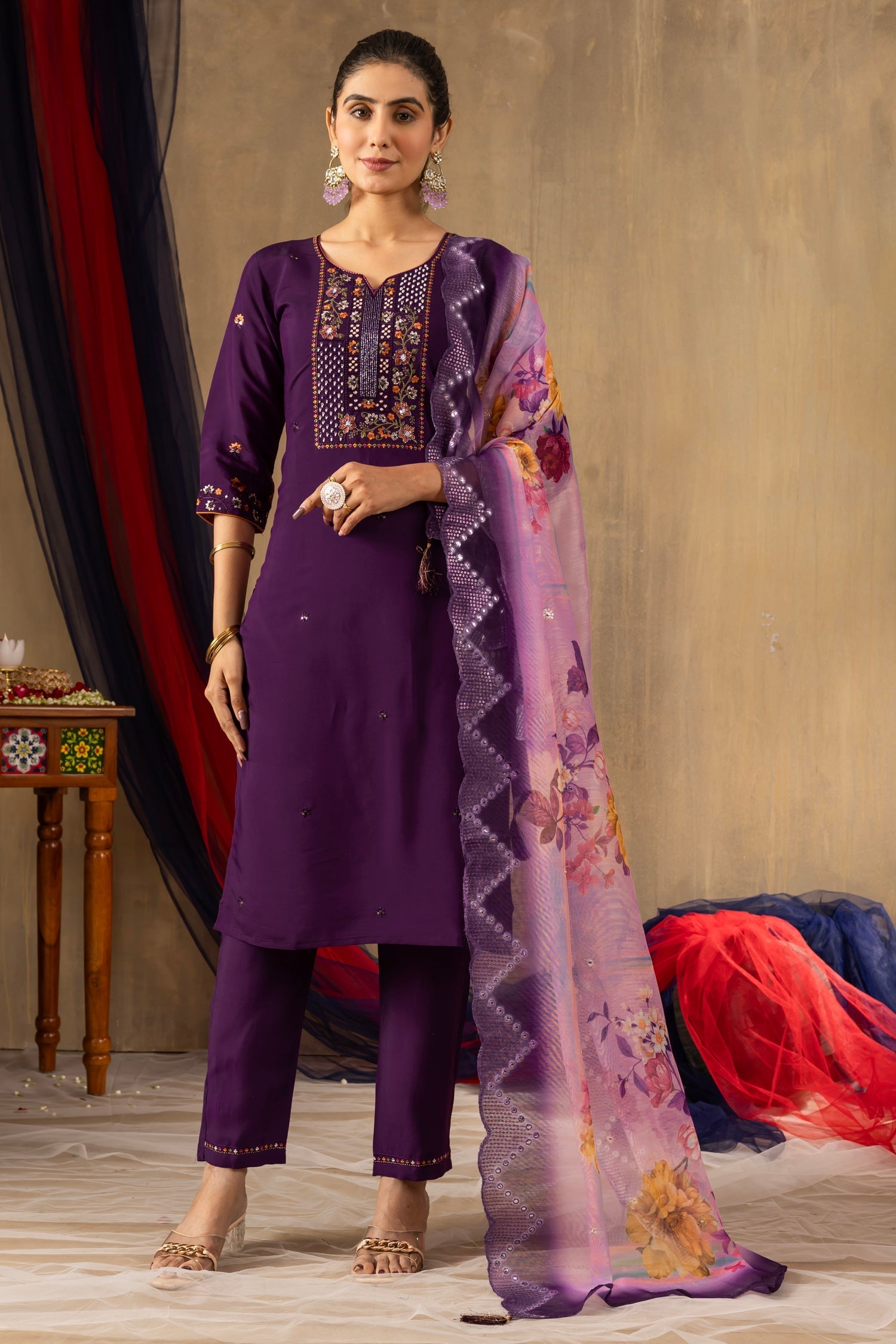 Lorenvalley Fashion Purple Roman Silk Embroidery Sequins with Hand work Kurta Pant Dupatta 