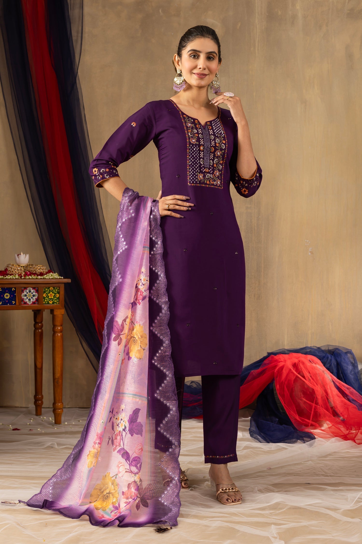 Lorenvalley Fashion Purple Roman Silk Embroidery Sequins with Hand work Kurta Pant Dupatta 