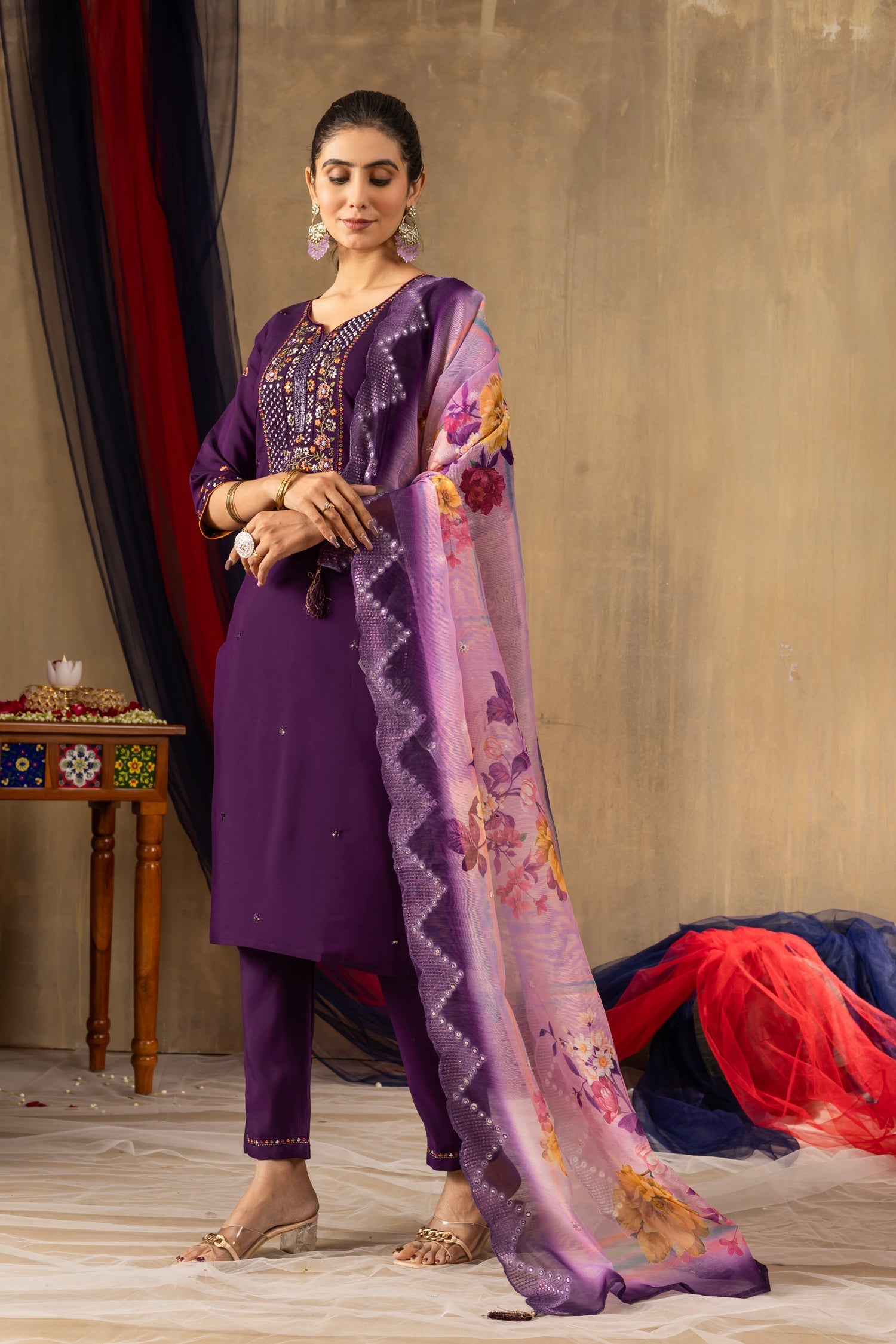 Lorenvalley Fashion Purple Roman Silk Embroidery Sequins with Hand work Kurta Pant Dupatta 