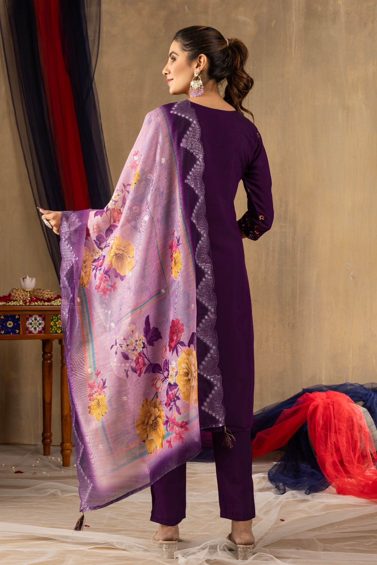 Lorenvalley Fashion Purple Roman Silk Embroidery Sequins with Hand work Kurta Pant Dupatta 