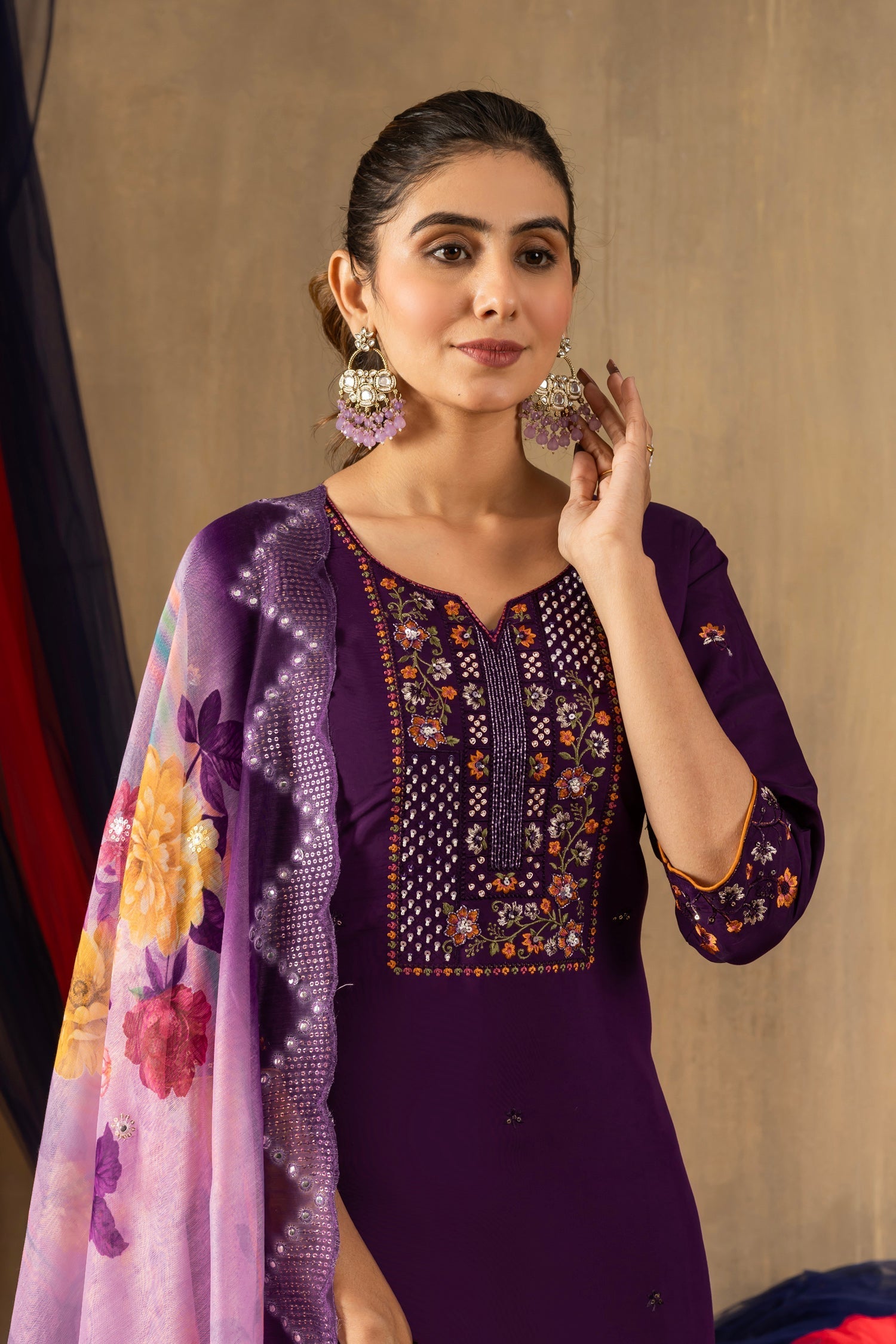 Lorenvalley Fashion Purple Roman Silk Embroidery Sequins with Hand work Kurta Pant Dupatta 
