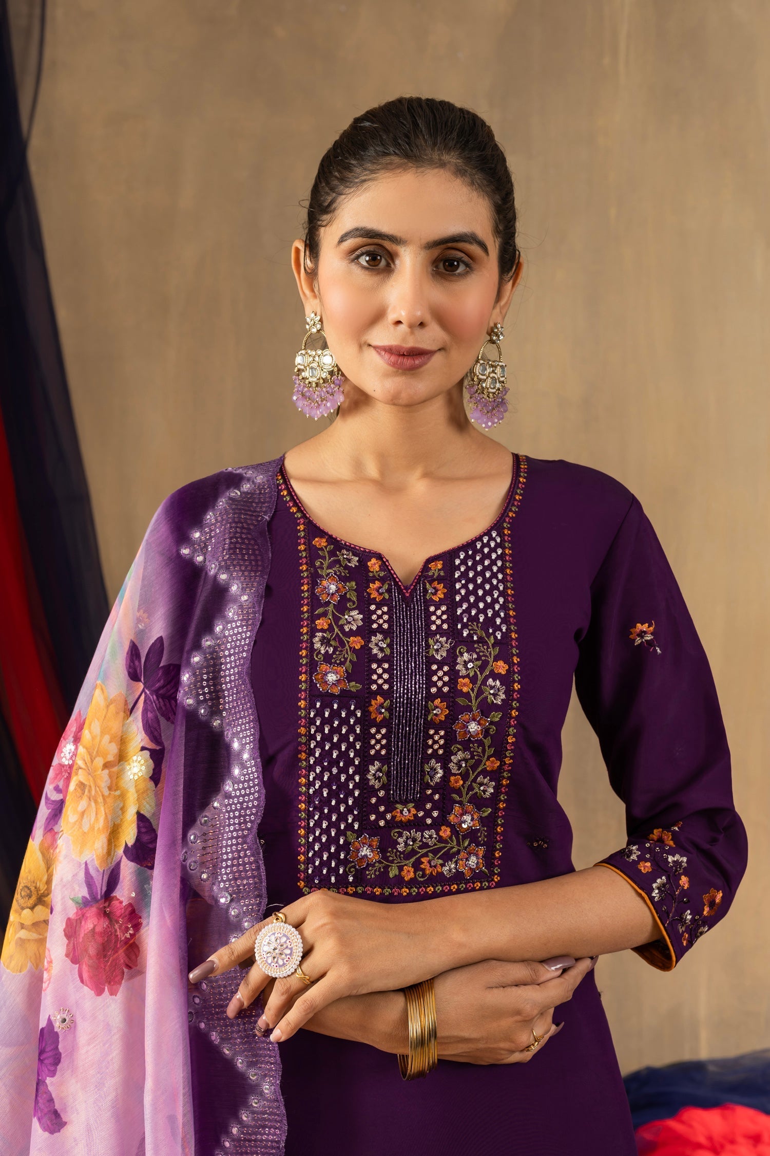 Lorenvalley Fashion Purple Roman Silk Embroidery Sequins with Hand work Kurta Pant Dupatta 