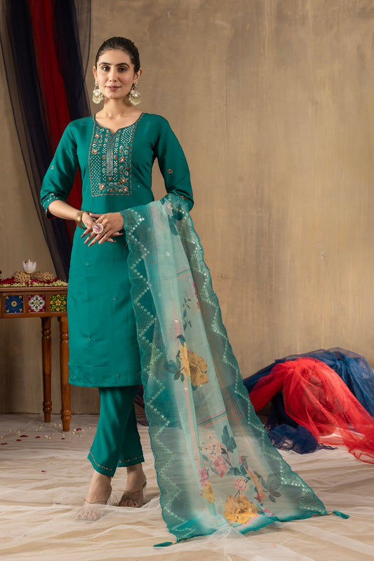 Lorenvalley Fashion Rama Roman Silk Embroidery Sequins with Hand work Kurta Pant Dupatta 