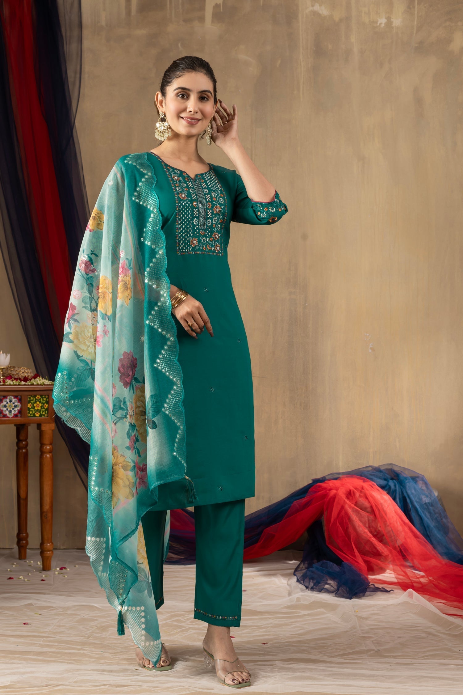 Lorenvalley Fashion Rama Roman Silk Embroidery Sequins with Hand work Kurta Pant Dupatta 