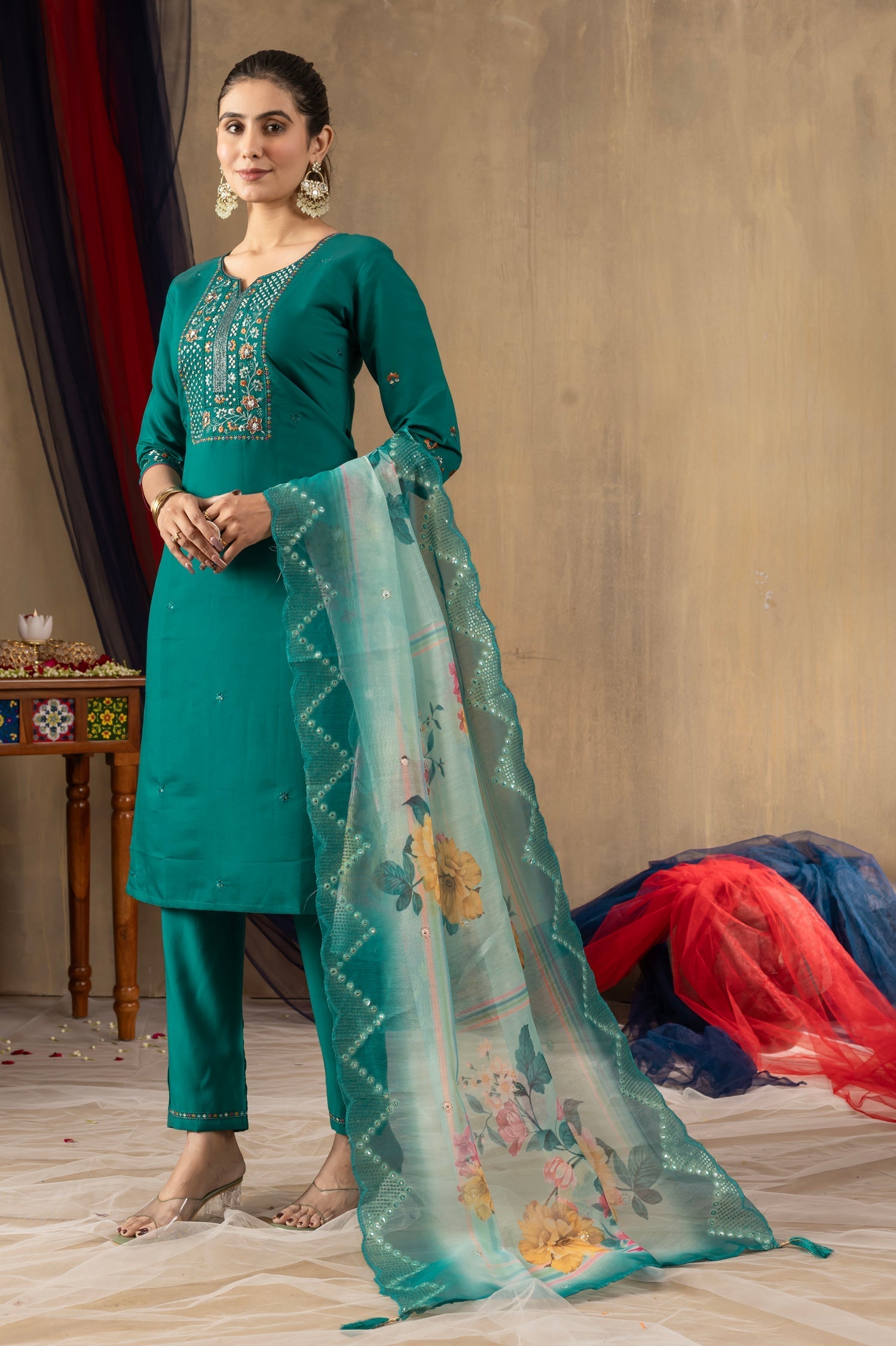 Lorenvalley Fashion Rama Roman Silk Embroidery Sequins with Hand work Kurta Pant Dupatta 