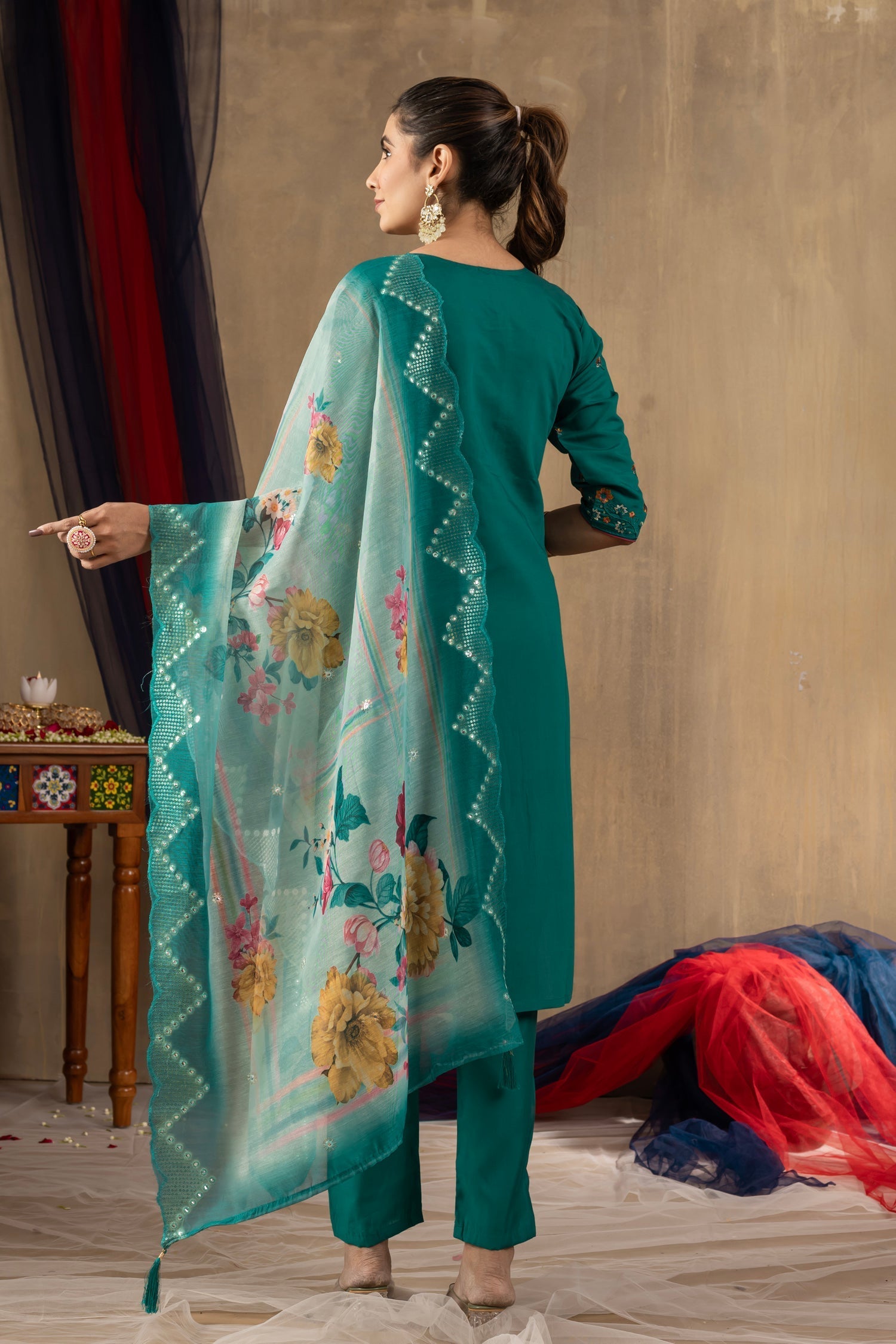 Lorenvalley Fashion Rama Roman Silk Embroidery Sequins with Hand work Kurta Pant Dupatta 