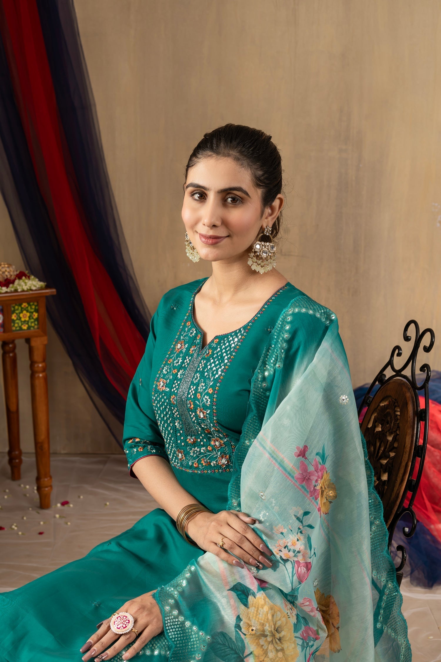 Lorenvalley Fashion Rama Roman Silk Embroidery Sequins with Hand work Kurta Pant Dupatta 