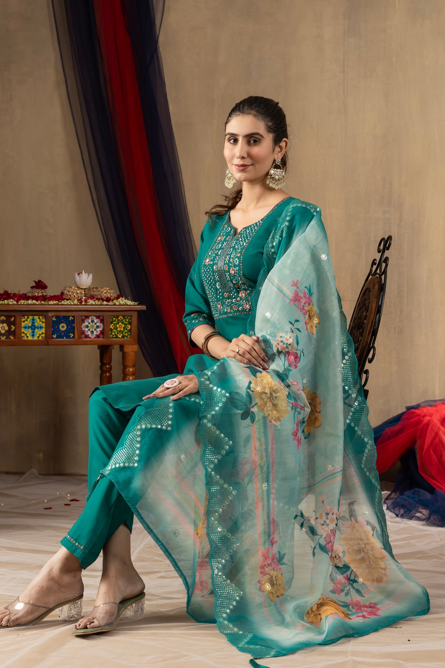 Lorenvalley Fashion Rama Roman Silk Embroidery Sequins with Hand work Kurta Pant Dupatta 
