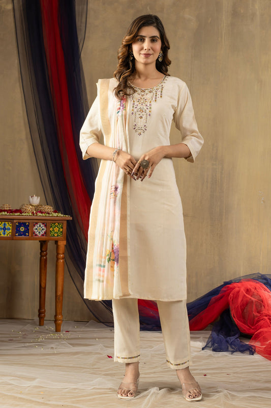 Lorenvalley Fashion Offwhite Shimmer Gold Silk Multi Embroidery Thread With Hand Work Kurta Pant Dupatta 