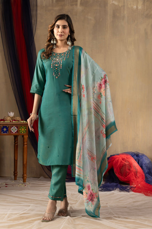 Lorenvalley Fashion Rama Shimmer Gold Silk Multi Embroidery Thread With Hand Work Kurta Pant Dupatta 