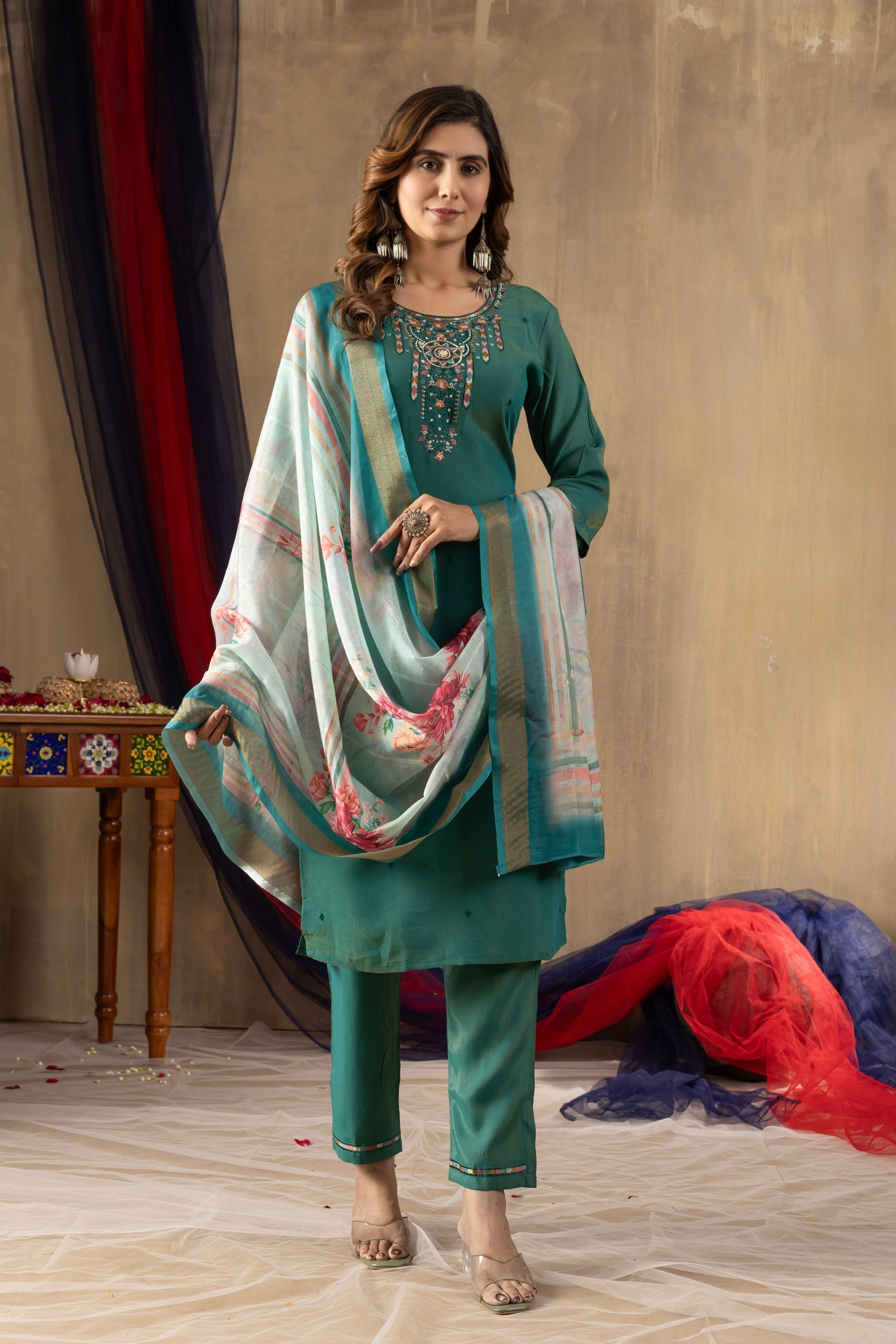 Lorenvalley Fashion Rama Shimmer Gold Silk Multi Embroidery Thread With Hand Work Kurta Pant Dupatta 