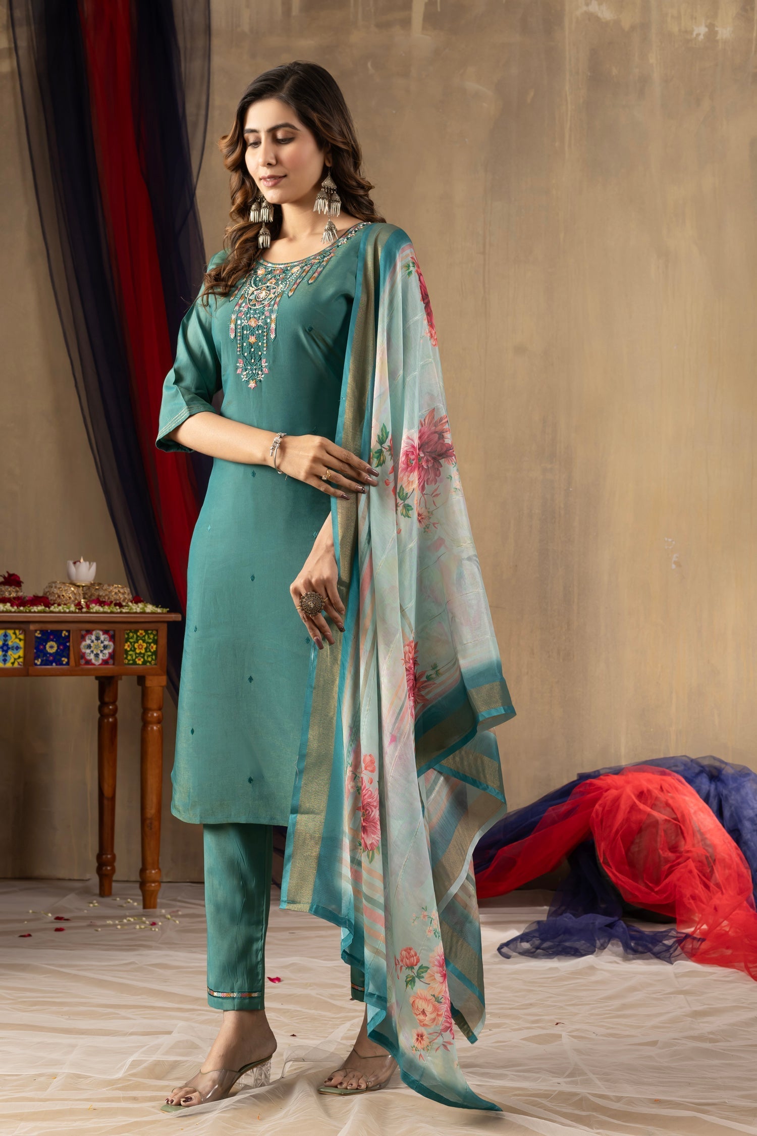 Lorenvalley Fashion Rama Shimmer Gold Silk Multi Embroidery Thread With Hand Work Kurta Pant Dupatta 